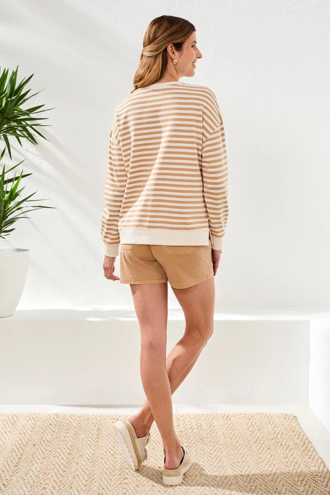 Tribal Drop Shoulder Striped Cotton Crewneck Sesame