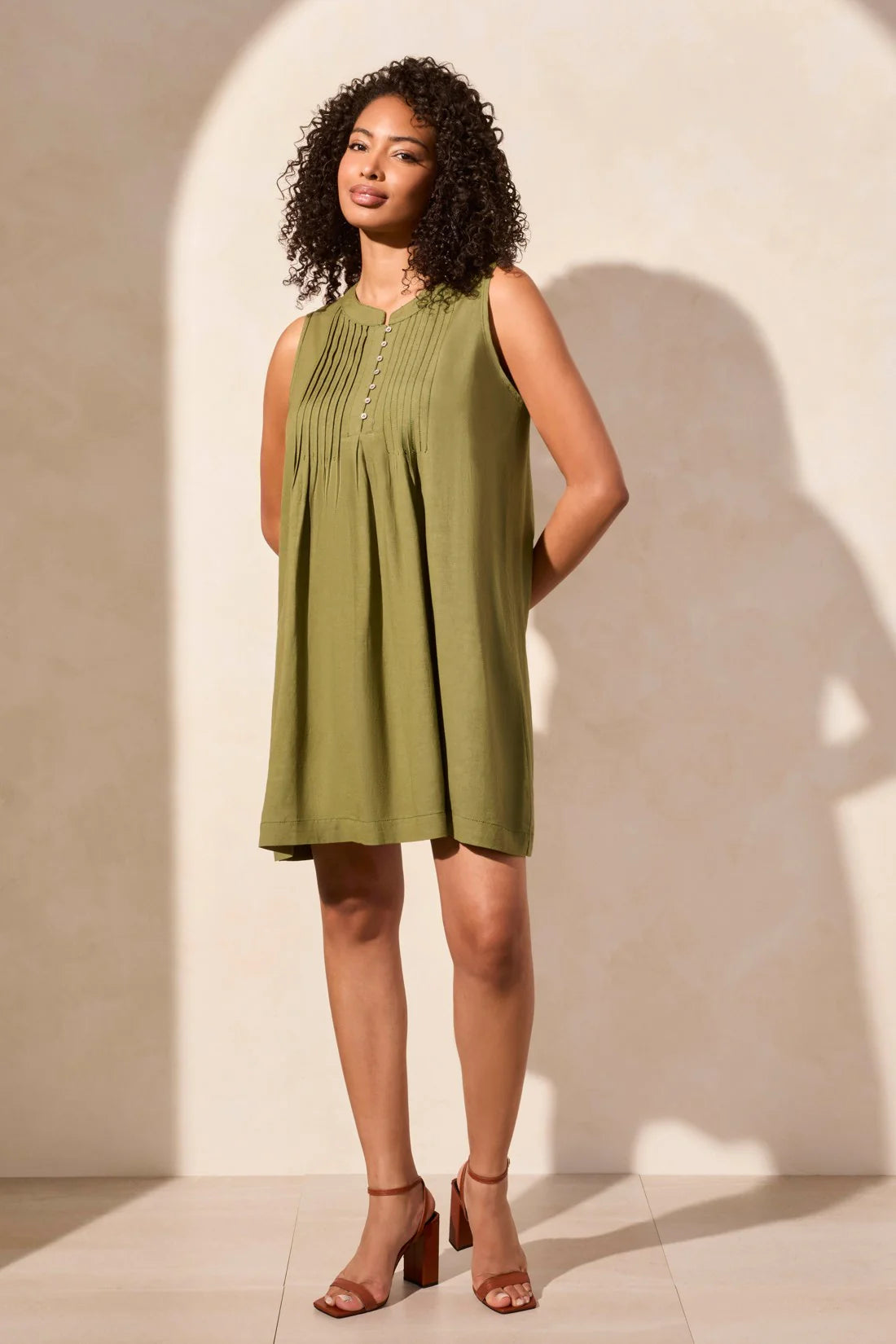 Tribal Linen Pleated Dress Loden