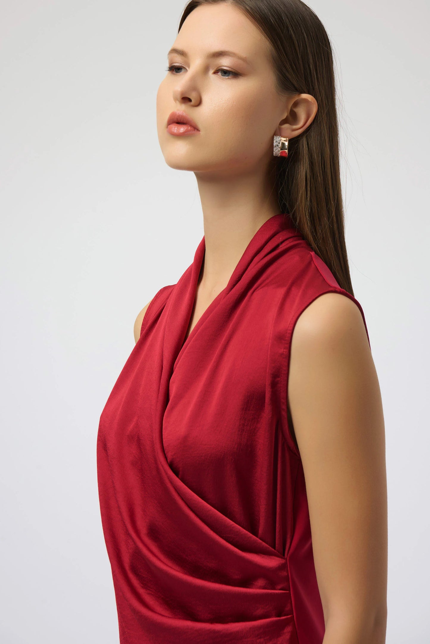Joseph Ribkoff Recycled Satin & Silky Knit Sleeveless Wrap Top Deep Cherry 254215