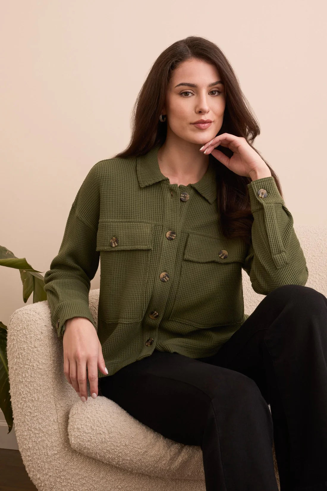 Tribal Waffle Knit Shacket Top Spruce