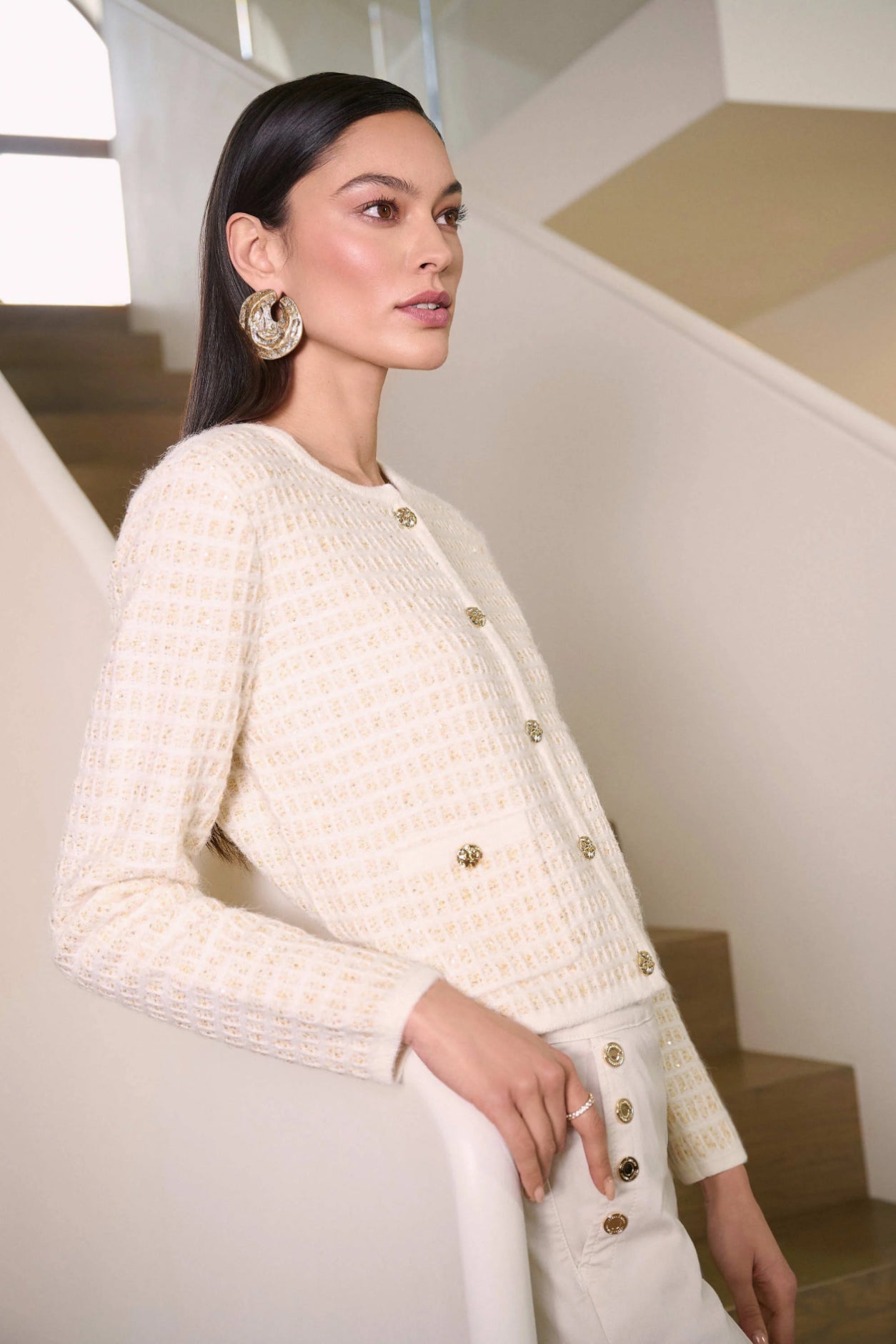 Joseph Ribkoff Sequined Sweater Knit Cardigan with Gold Buttons 254938