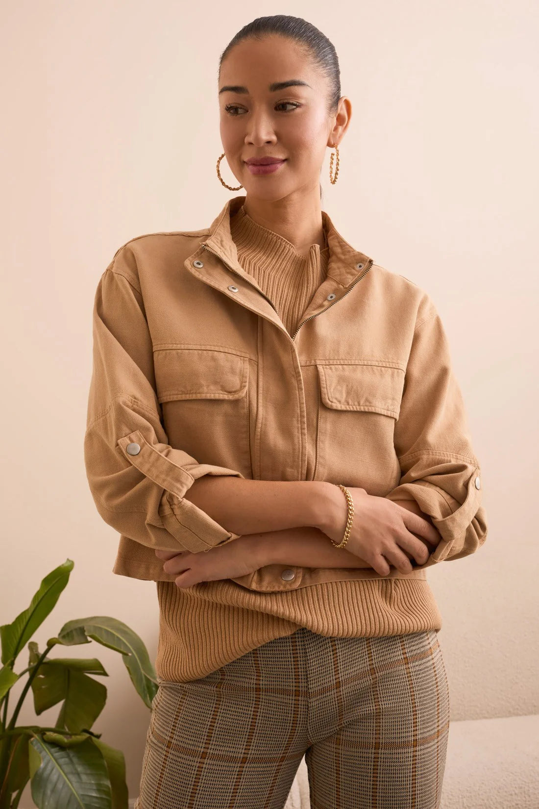 Tribal Twill Mock Neck Jacket Latte