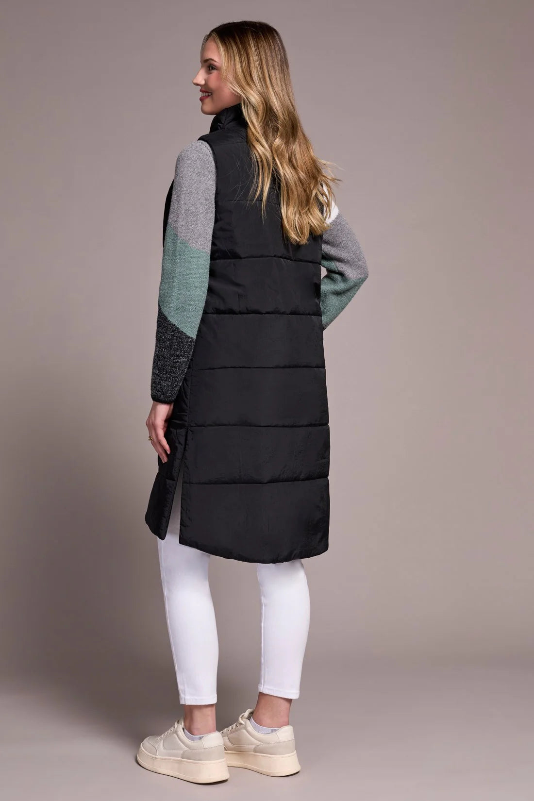 Tribal Long Zip-Front Quilted Vest Black