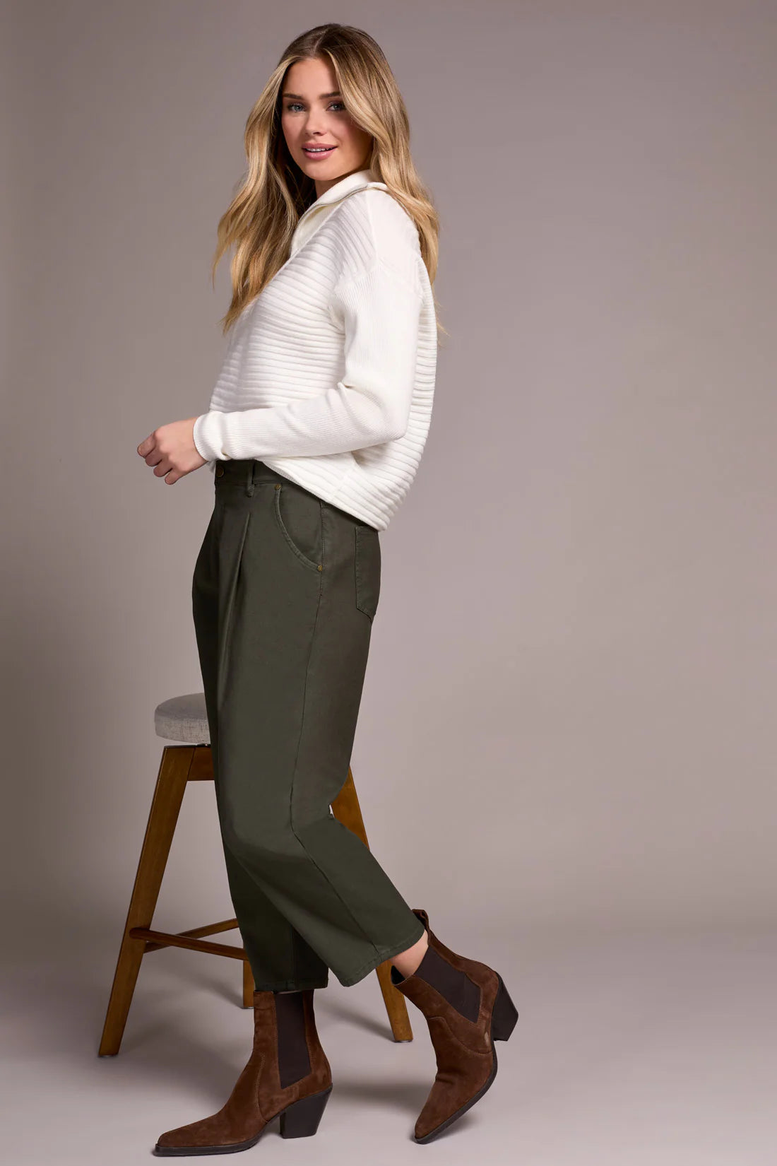 Tribal Audrey Mid Rise Barrel Crop Jeans Spruce