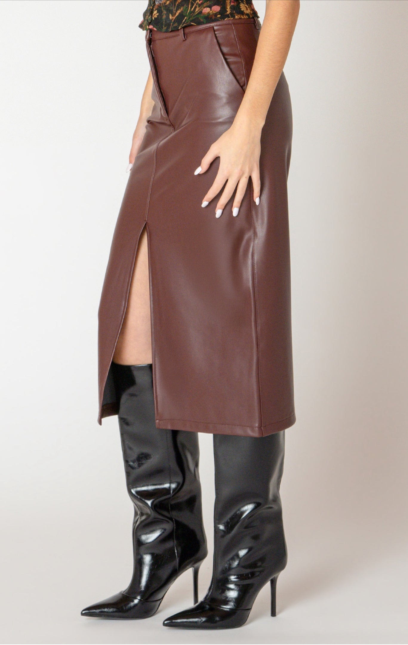 Black Tape Faux Leather Midi Skirt Bordeaux