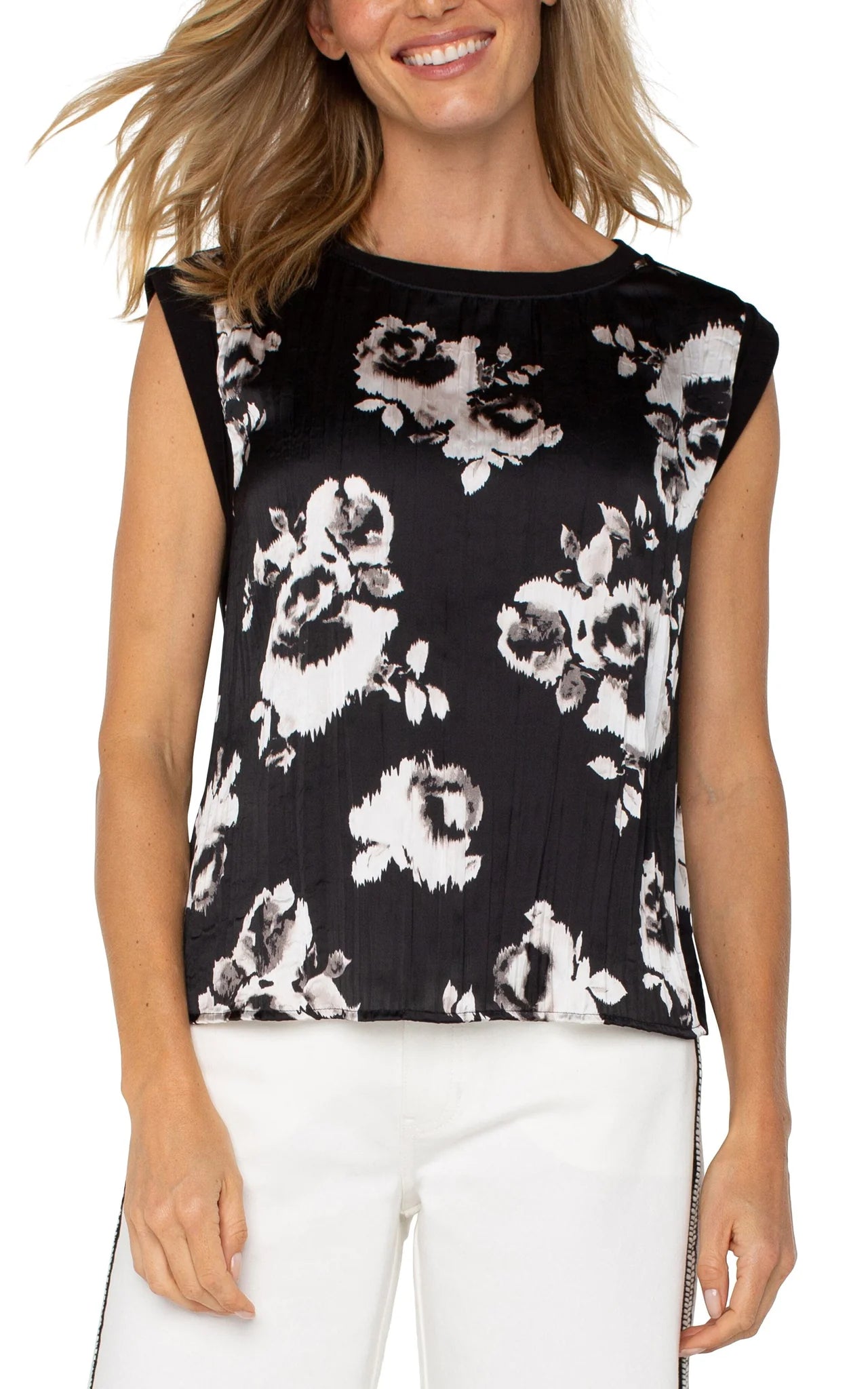 Liverpool Sleeveless Black White Floral Top
