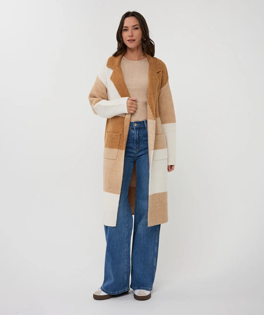 Esqualo Colour Block Long Cardigan Sand