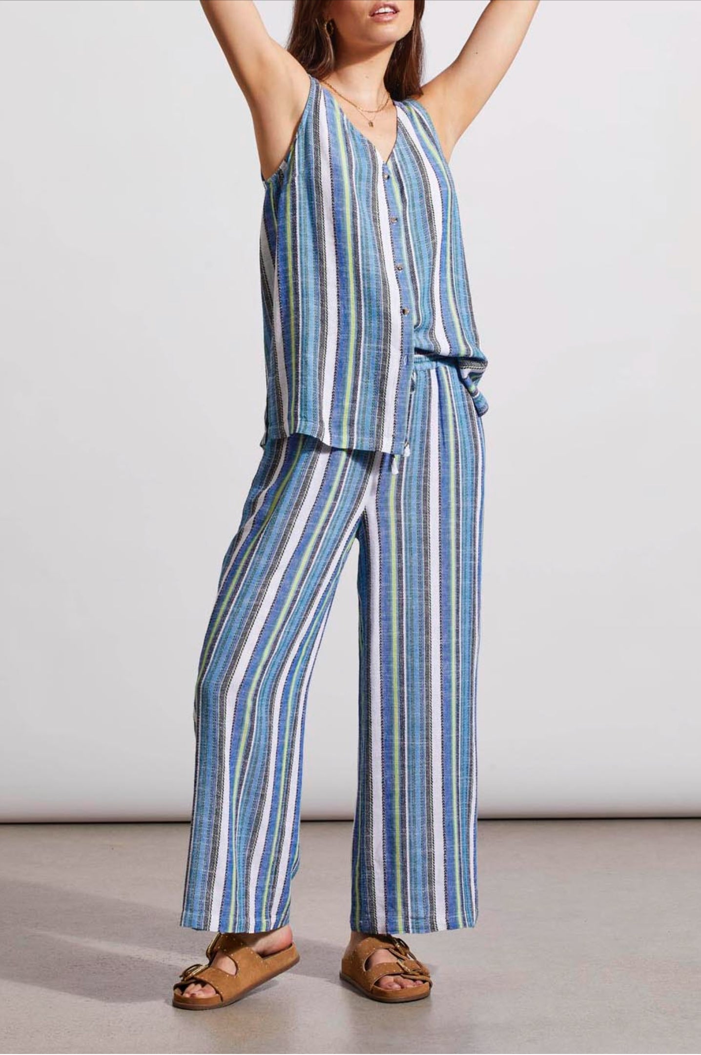 Tribal Linen Blend Flowy Striped Pants Blue Sea