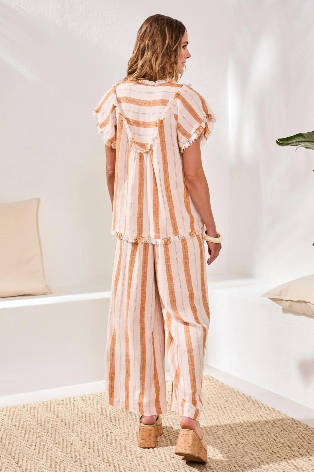 Tribal Linen Textured V-Neck Stripe Blouse