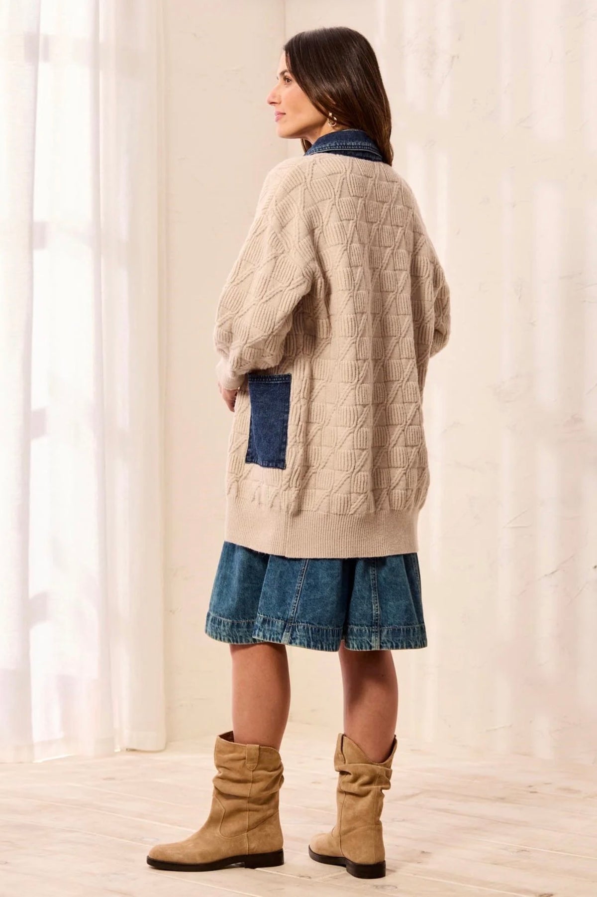 Tribal Cable Knit Denim Collar Coatigan