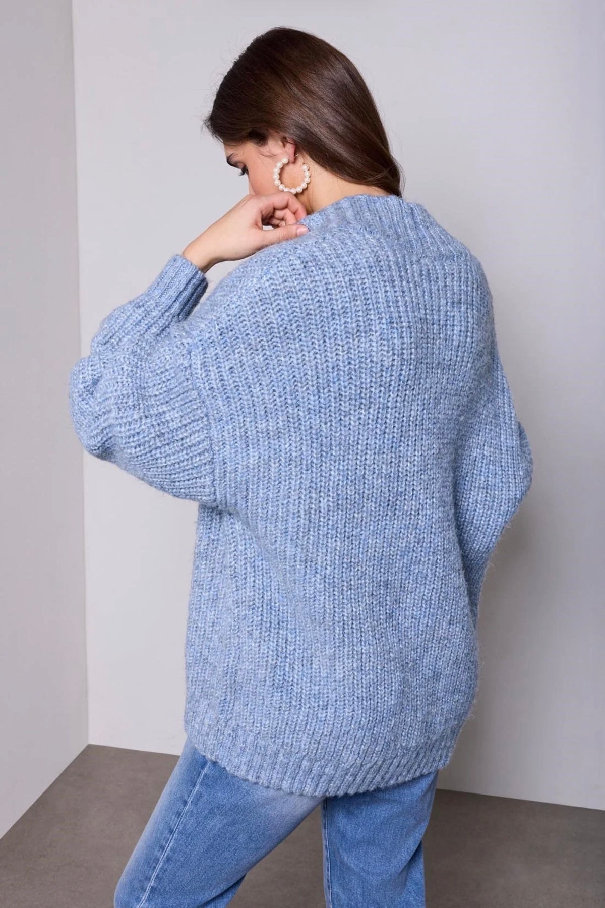 Tribal Blue Thread Chunky Ribbed V-Neck Sweater Satin Sky