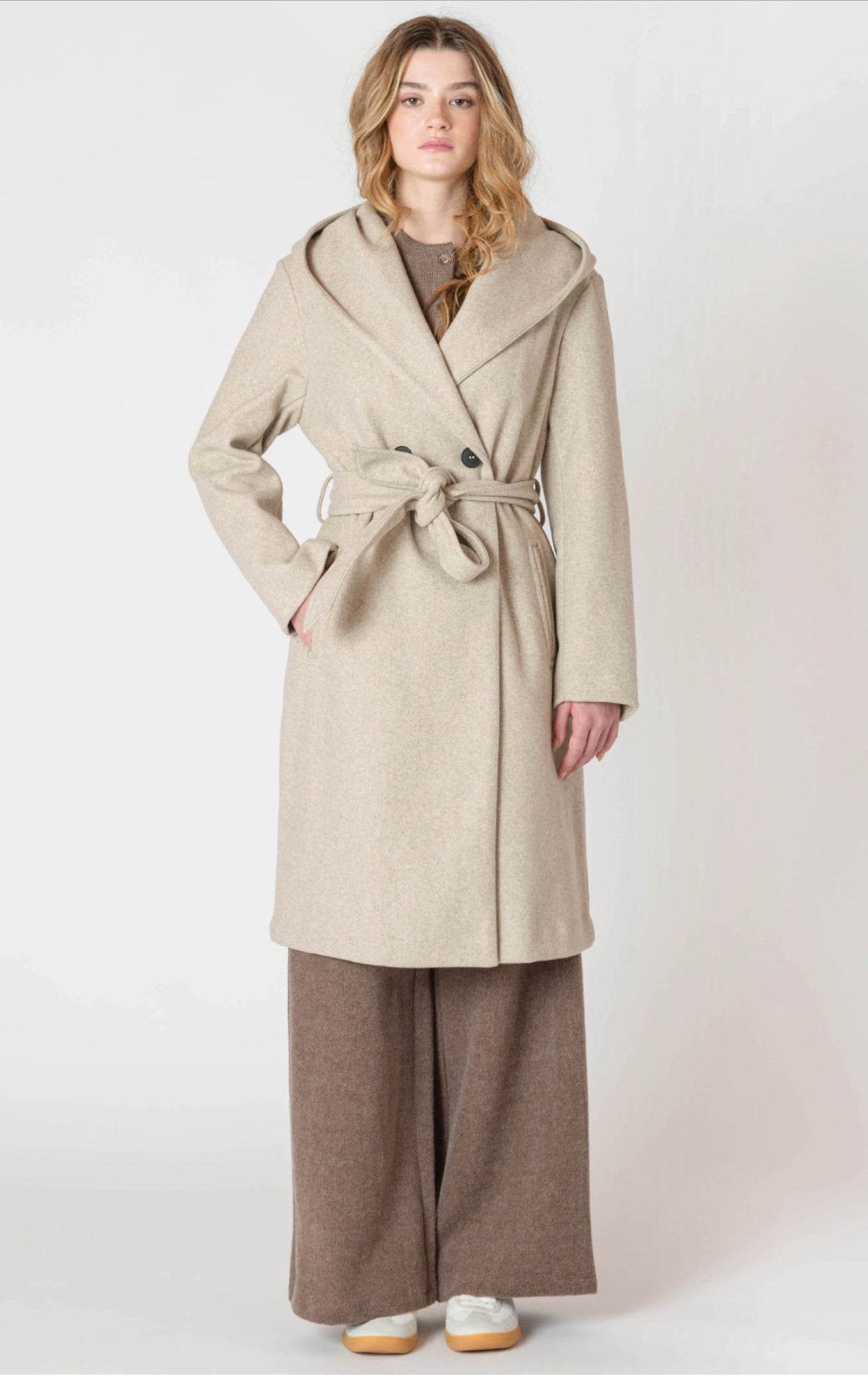 Room 34 Belted Hooded Coat Stone