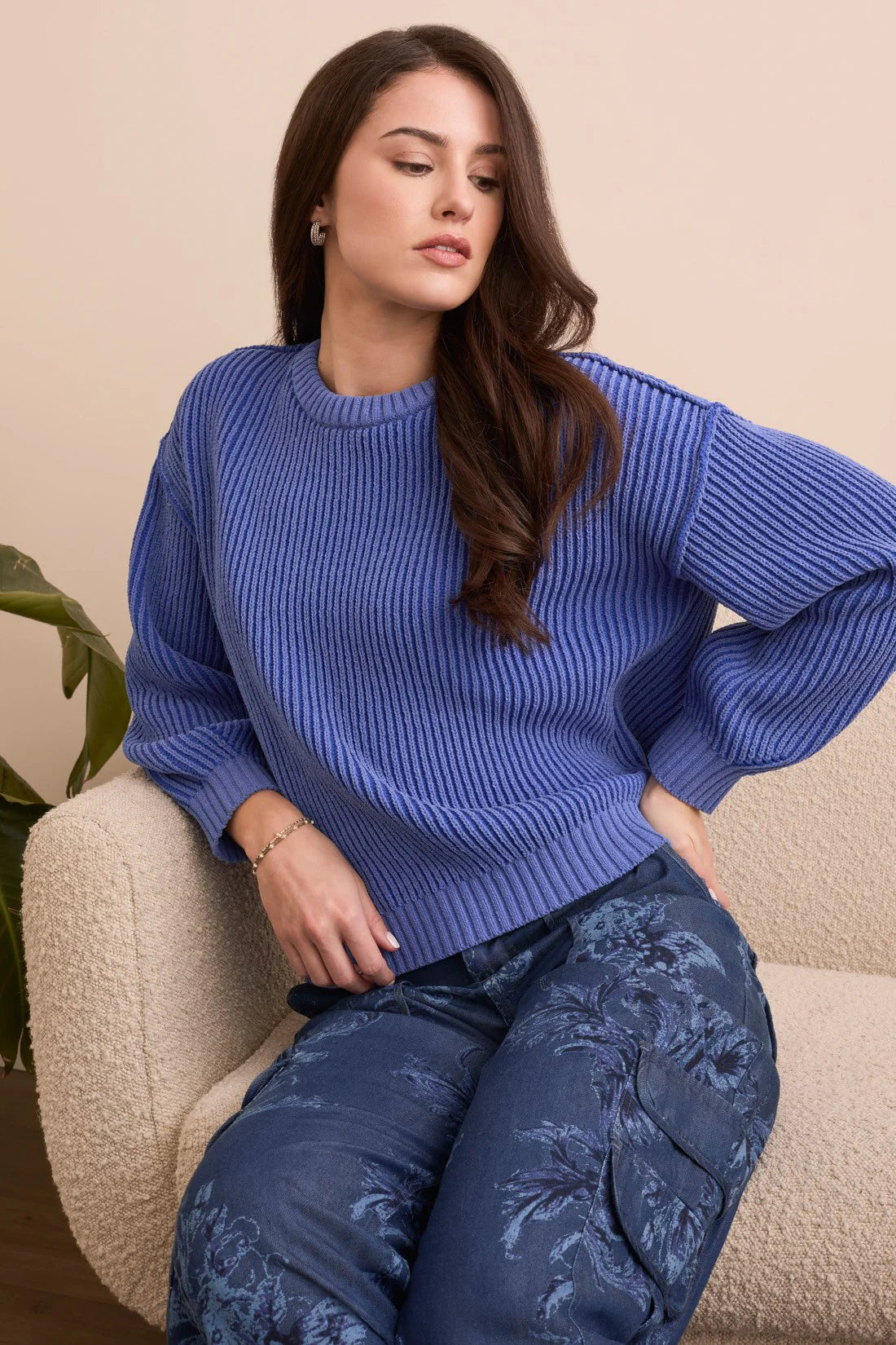 Tribal Chenille Ribbed Crew Neck Sweater Blue