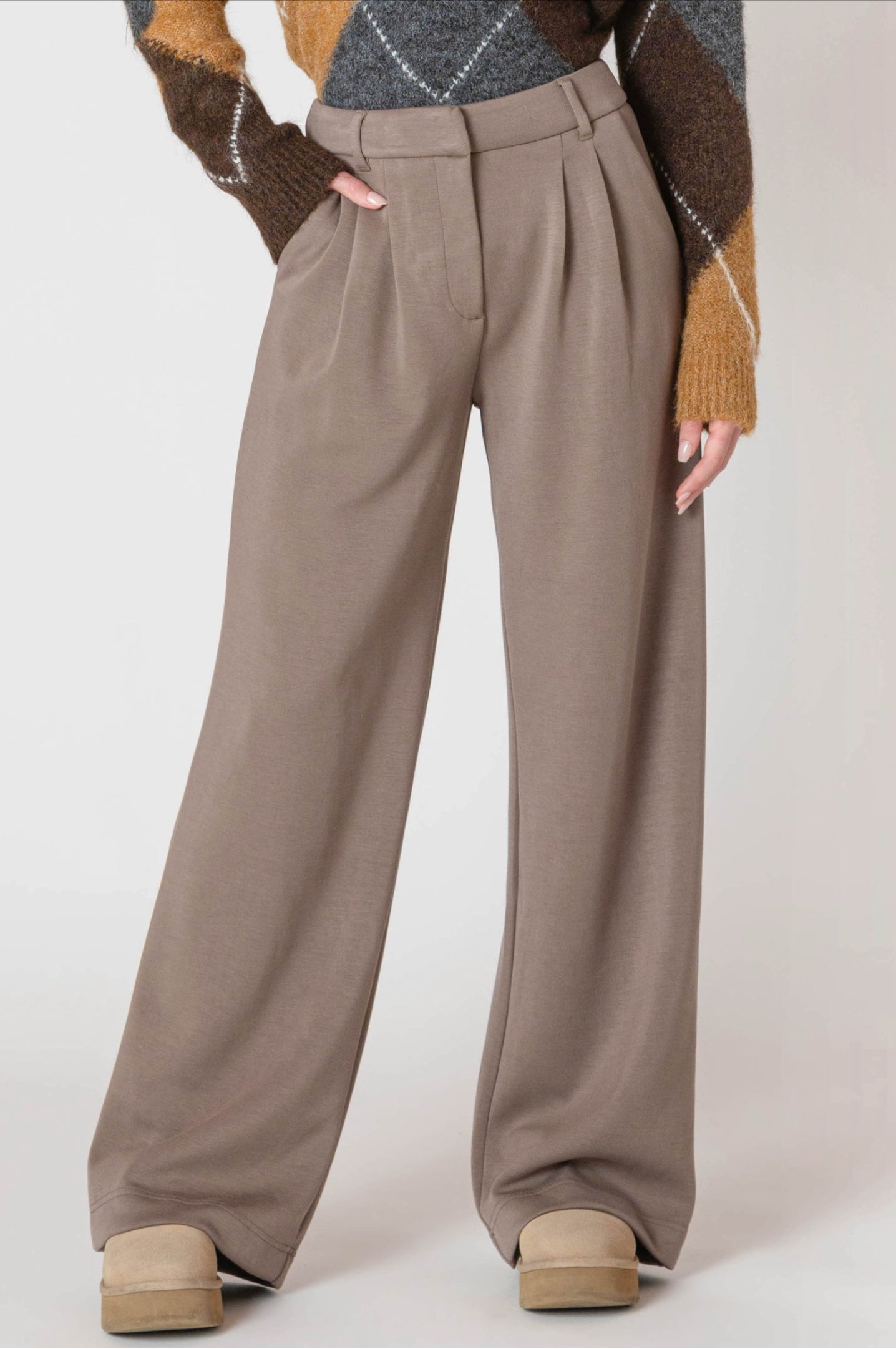 Dex Wide Leg Knit Trousers Dark Taupe