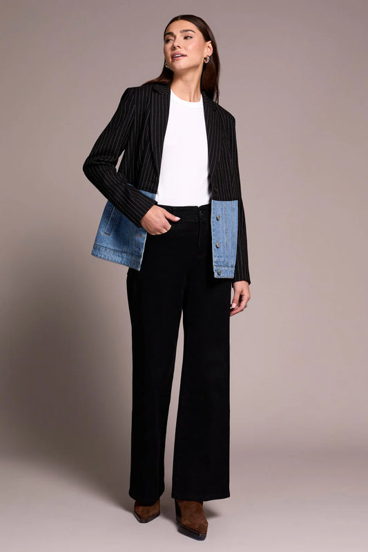 BLUE THREAD MIXED MEDIA PIN STRIPE & DENIM BLAZER