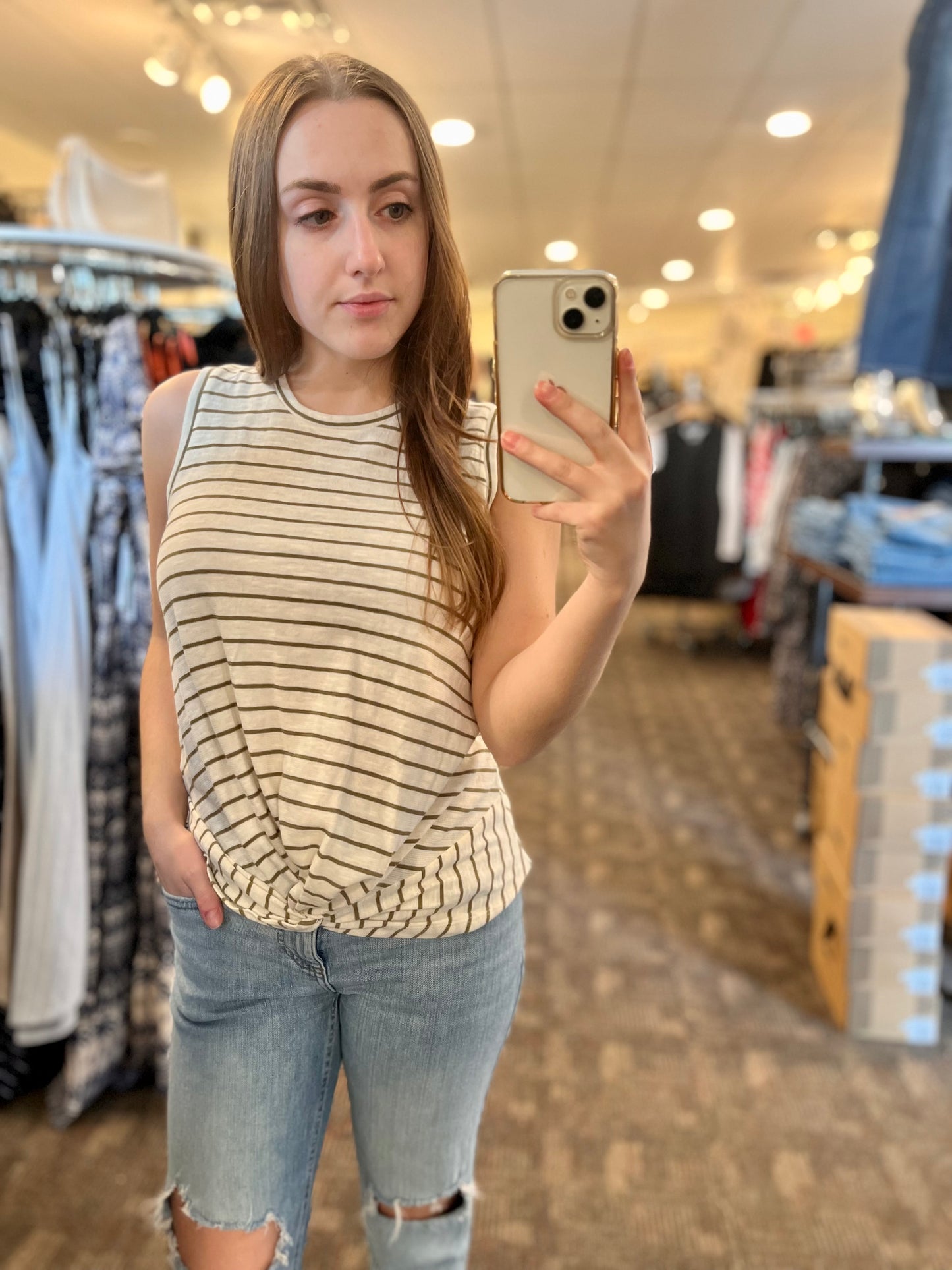 Liverpool Striped Twist Tank Olive