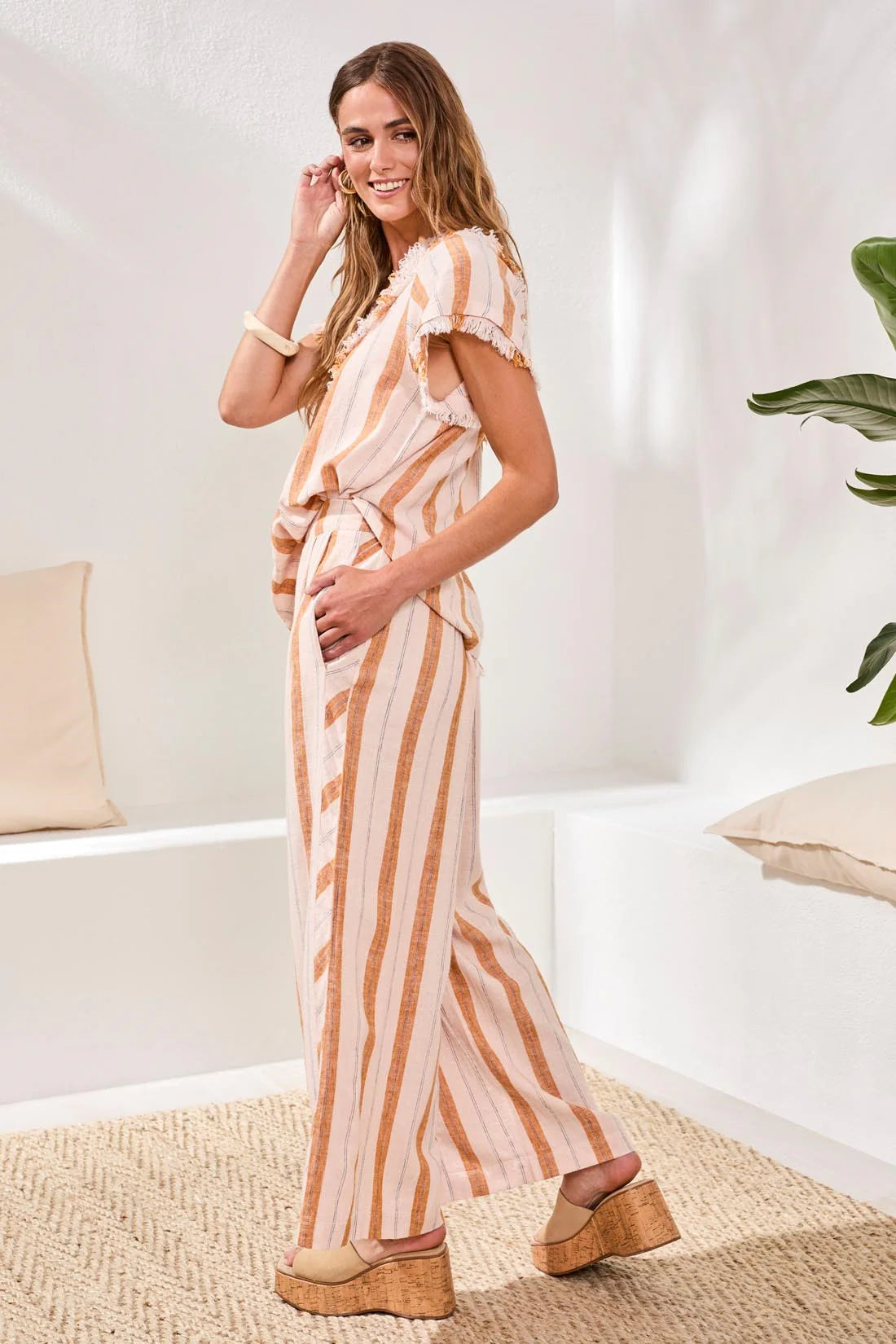 Tribal Linen Flowy Wide Leg Stripe Pants