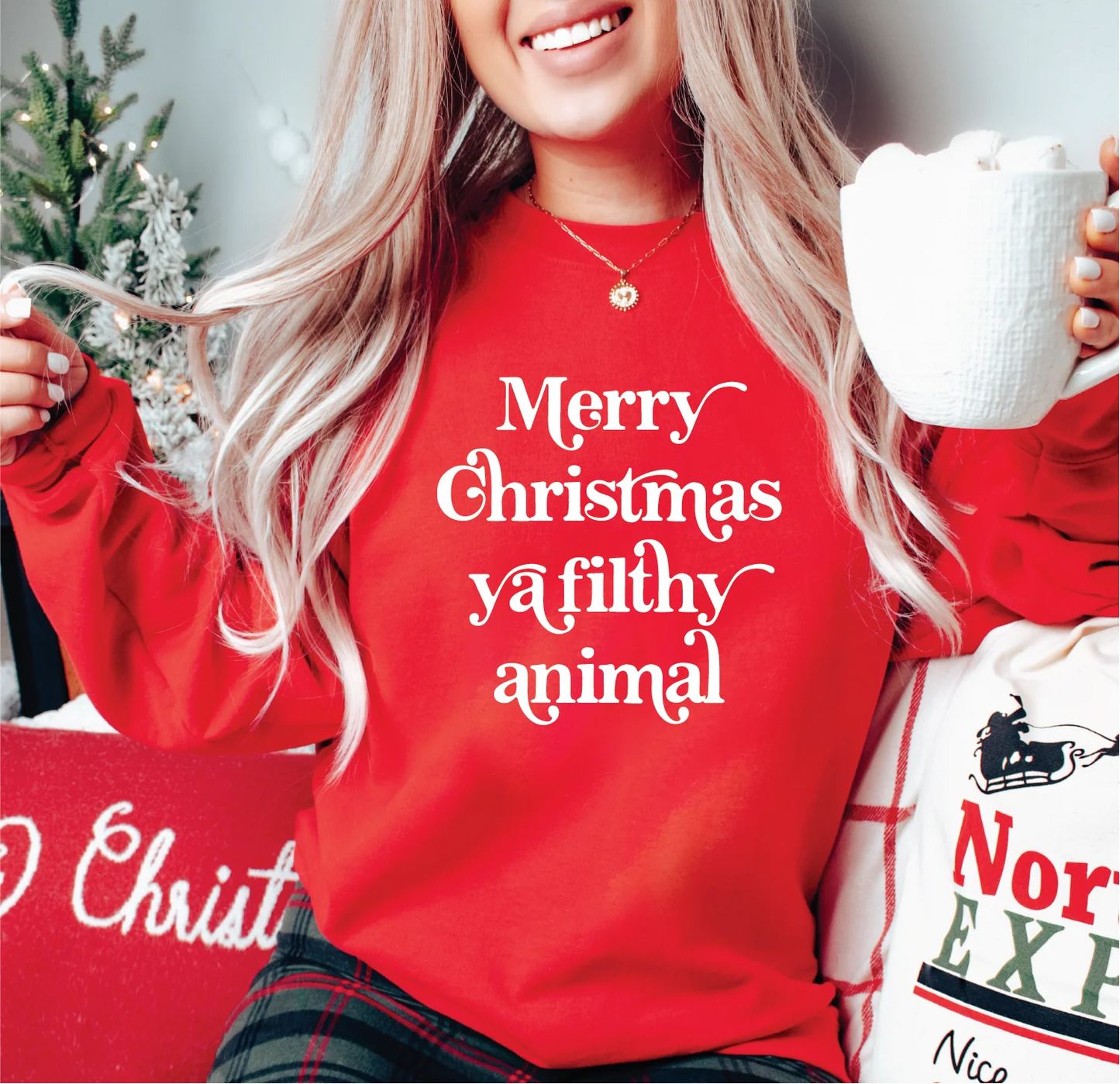 Blonde Ambition Merry Christmas Ya Filthy Animal Crewneck