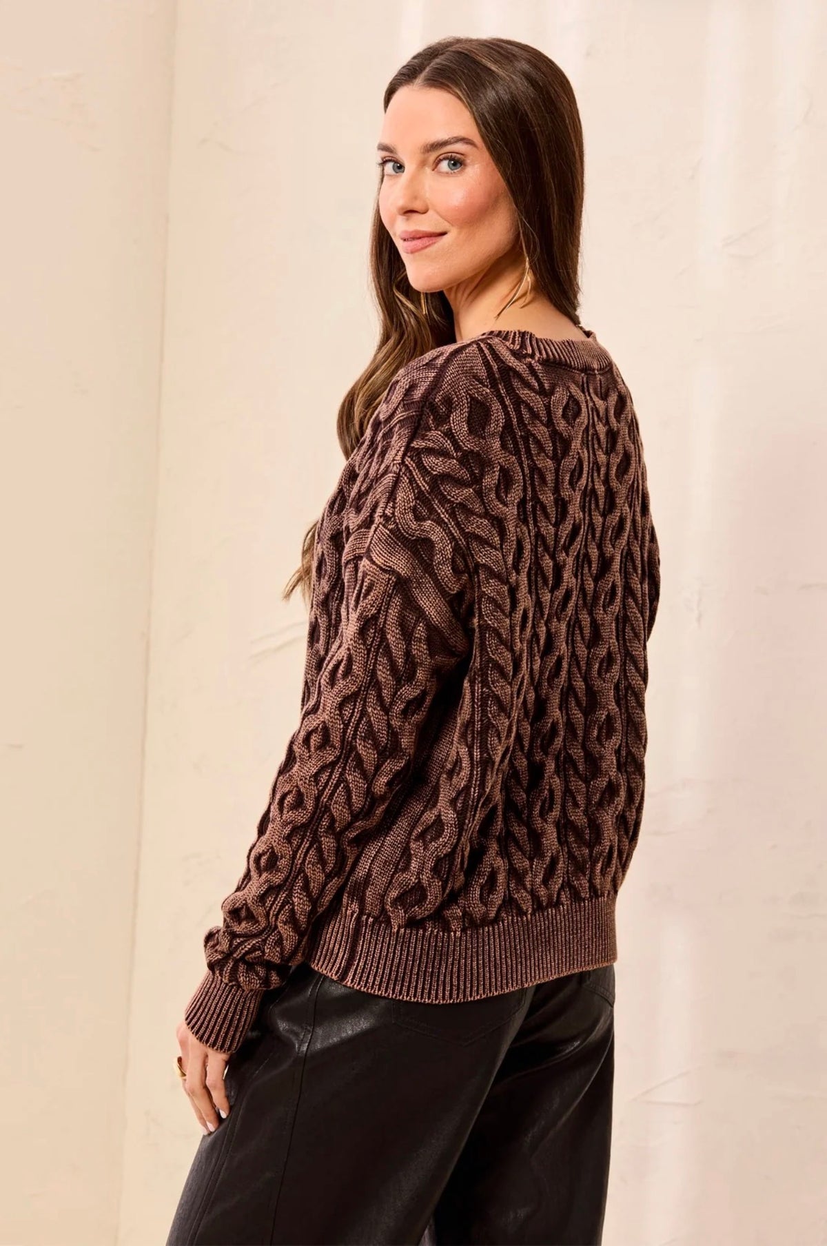 Tribal Cable Knit Crewneck Sweater Saddle Brown