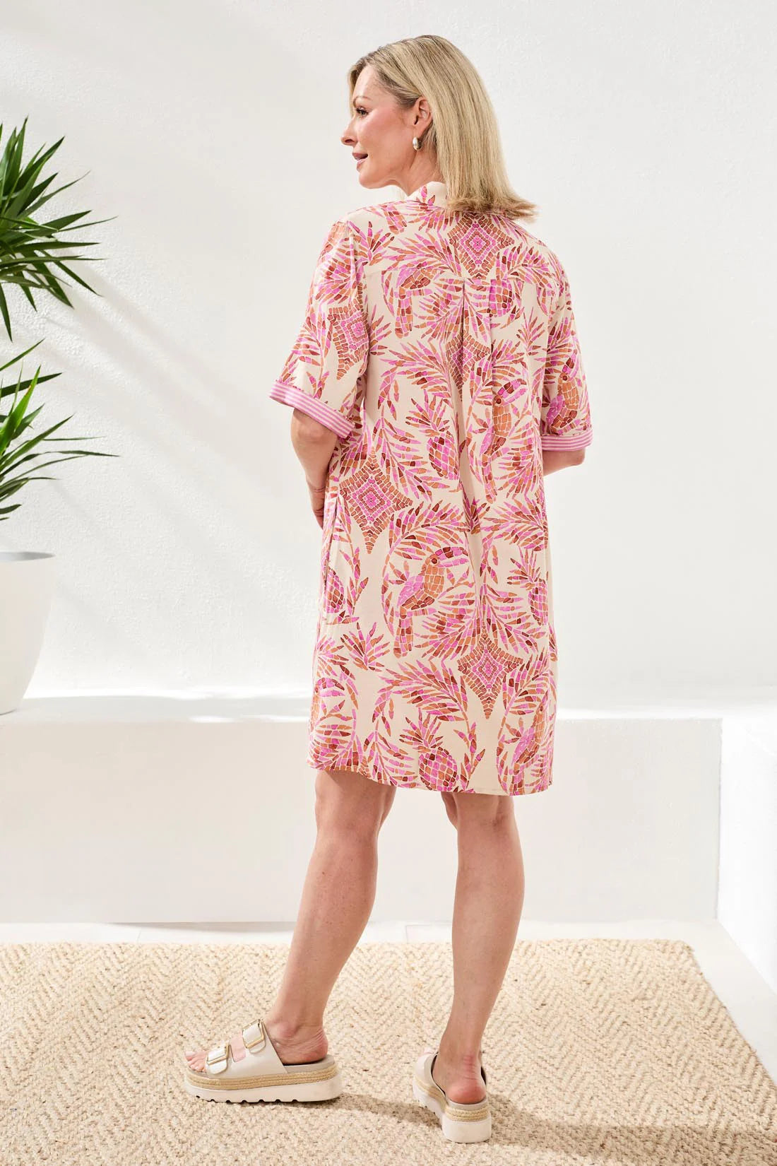 Tribal Short Sleeve Collared Shift Dress