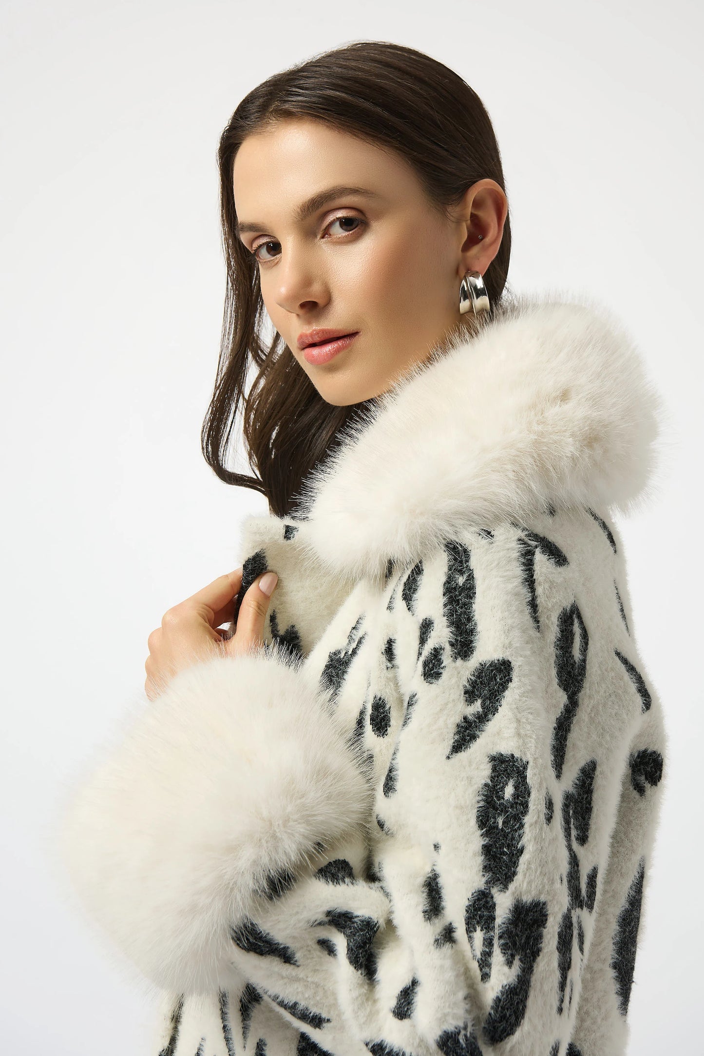 Joseph Ribkoff Feather Yarn Animal Jacquard Coat with Faux Fur Trim 253904