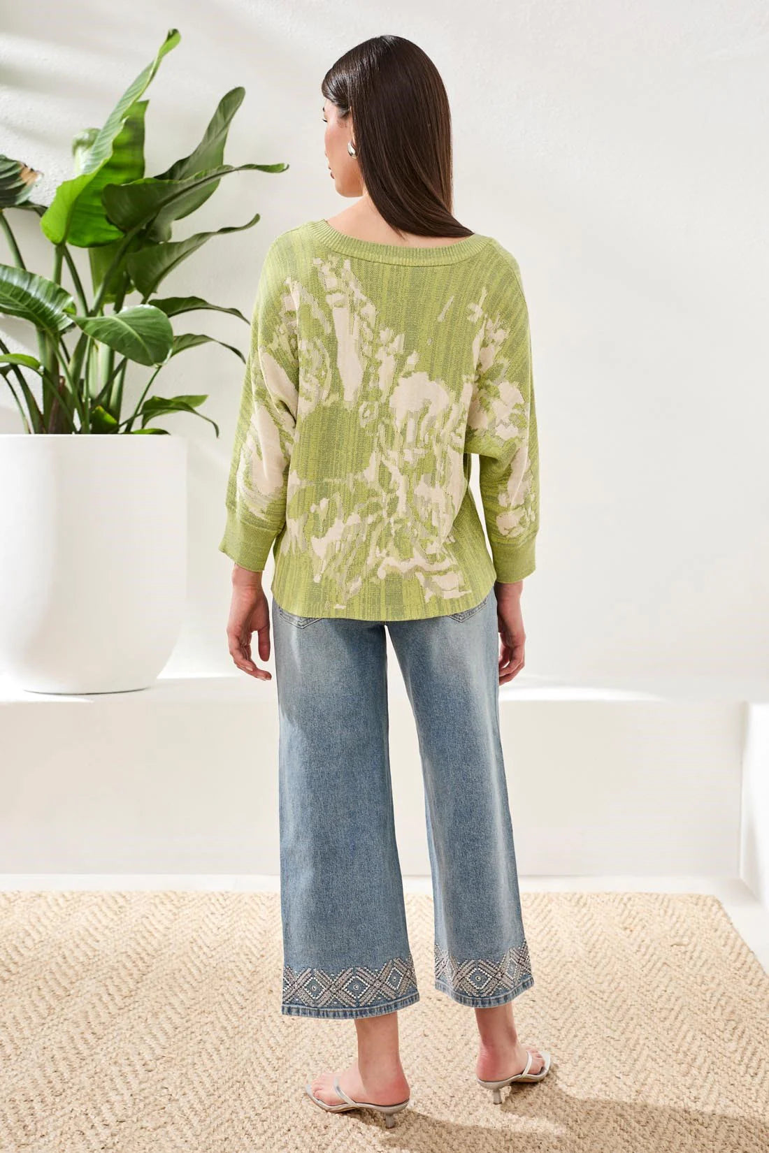 Tribal Boatneck Textured 3/4 Sleeve Sweater