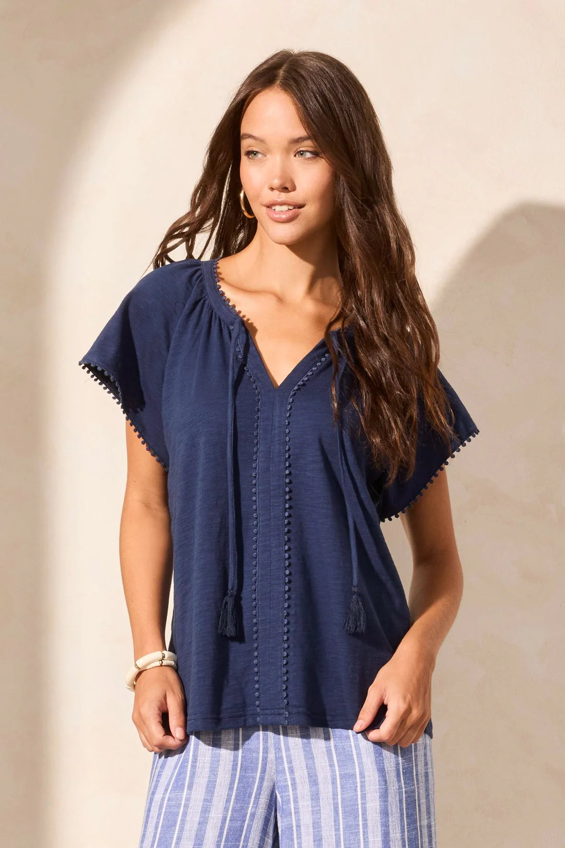 Tribal Cotton Slub Knit Notch Neck Top