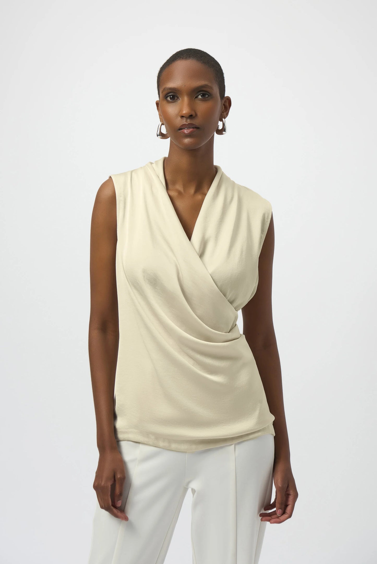 Joseph Ribkoff Recycled Satin & Silky Knit Sleeveless Wrap Top Birch 254215