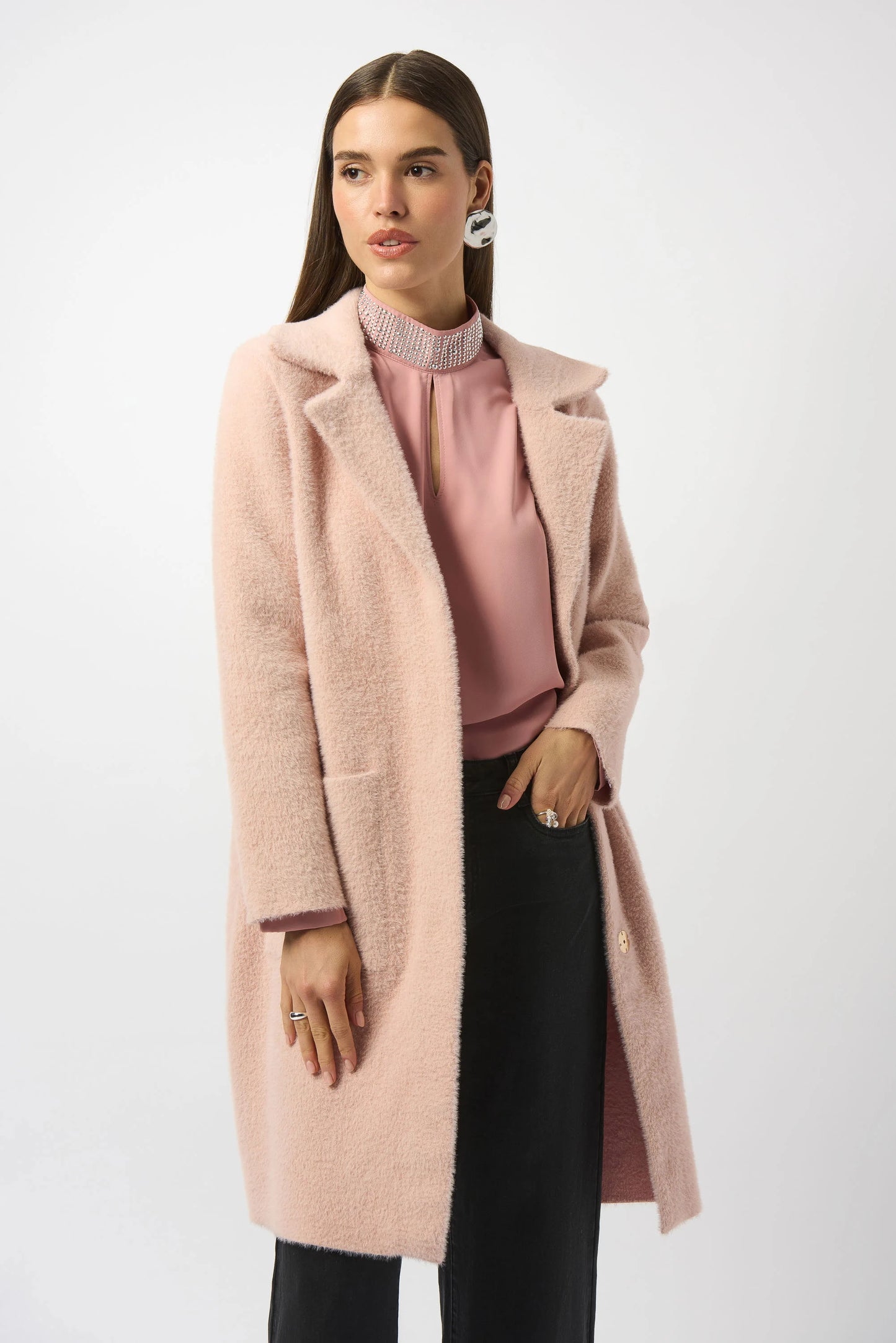 Feather Yarn and Faux Fur Sweater Coat
243923F25