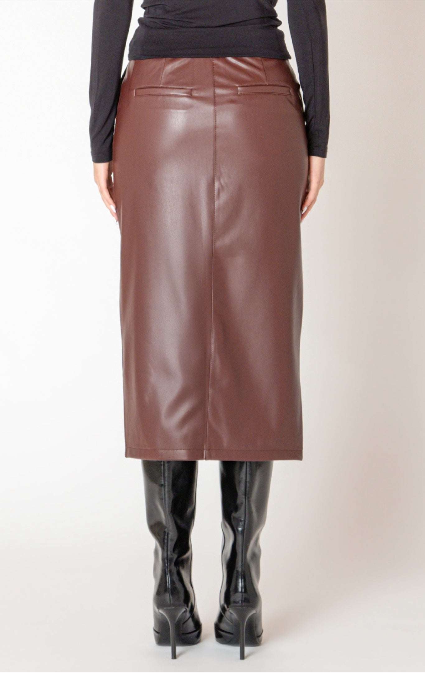 Black Tape Faux Leather Midi Skirt Bordeaux