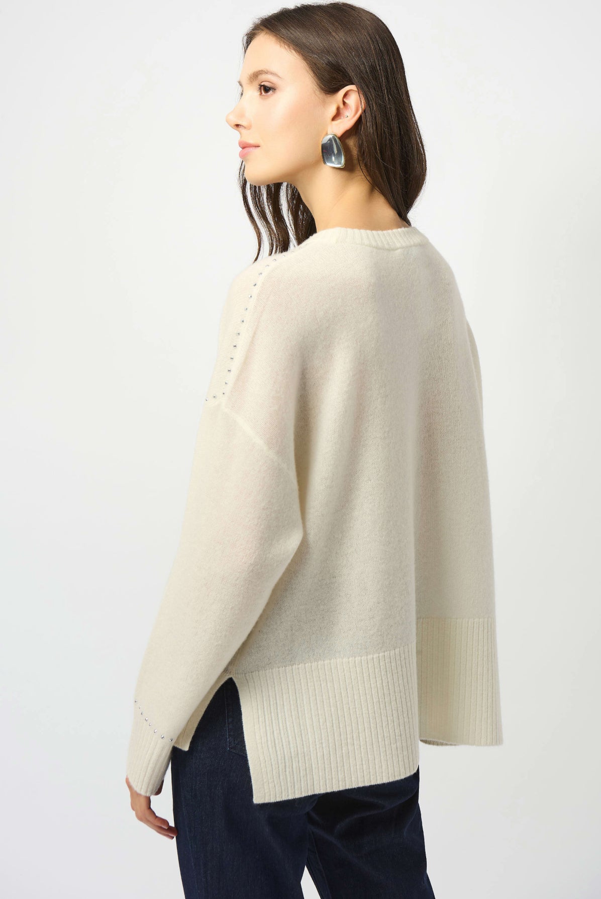 Joseph Ribkoff Cashmere Crew Neck Top with Stud Detailing Vanilla 253980