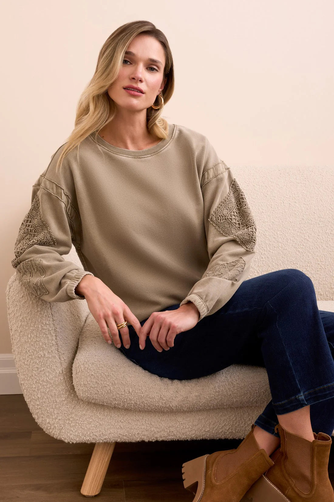 Tribal Embroidered Sleeve Sweatshirt Olive Leaf