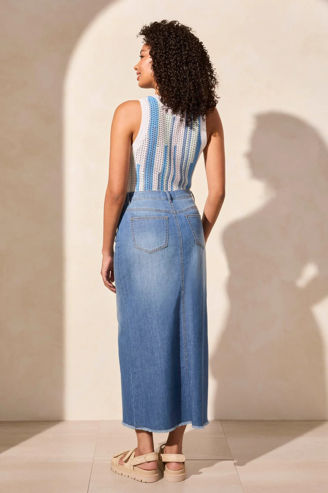 Tribal Front Slit Denim Maxi Skirt