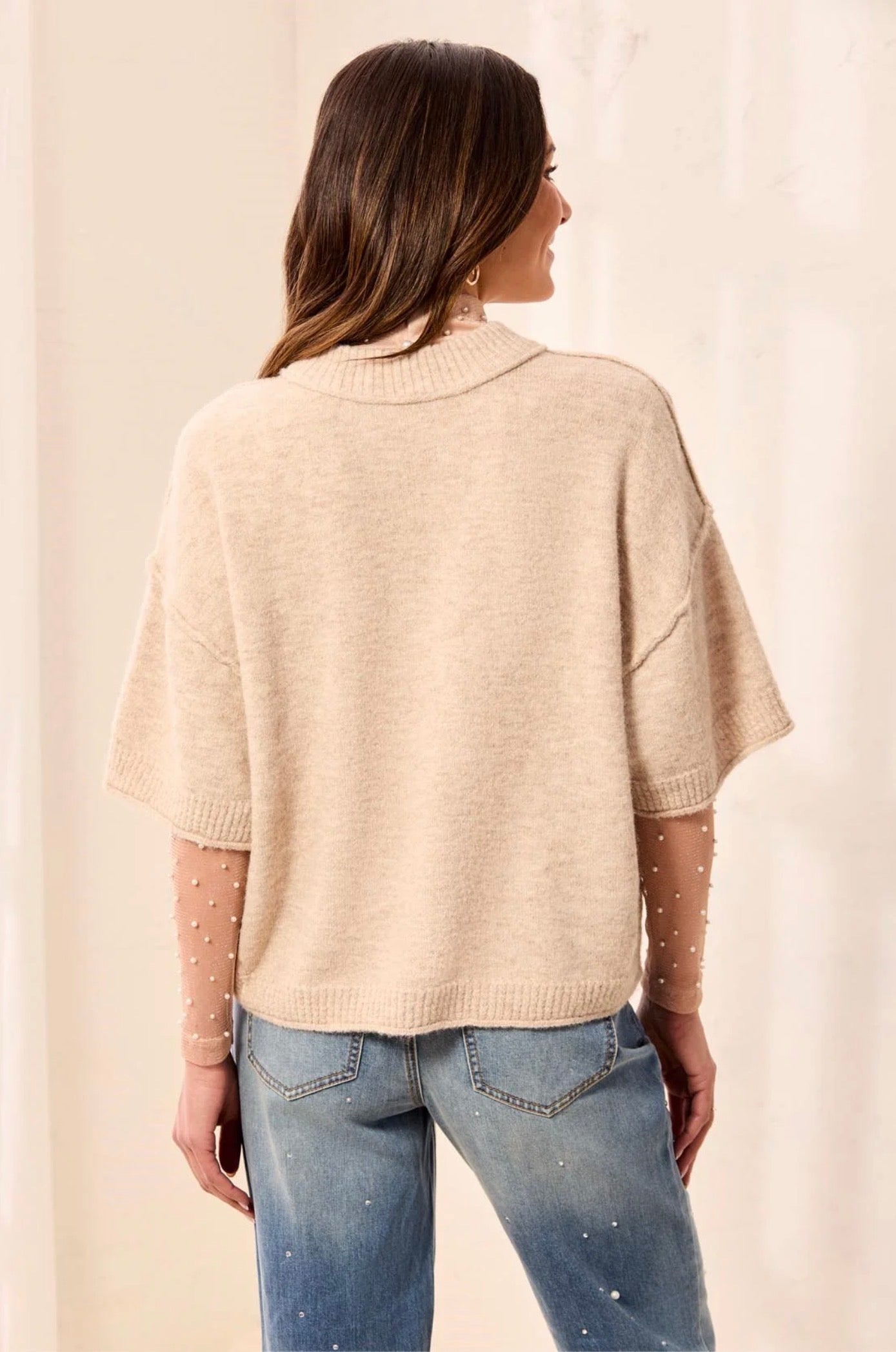 Tribal Elbow Sleeve Crewneck Sweater Cream