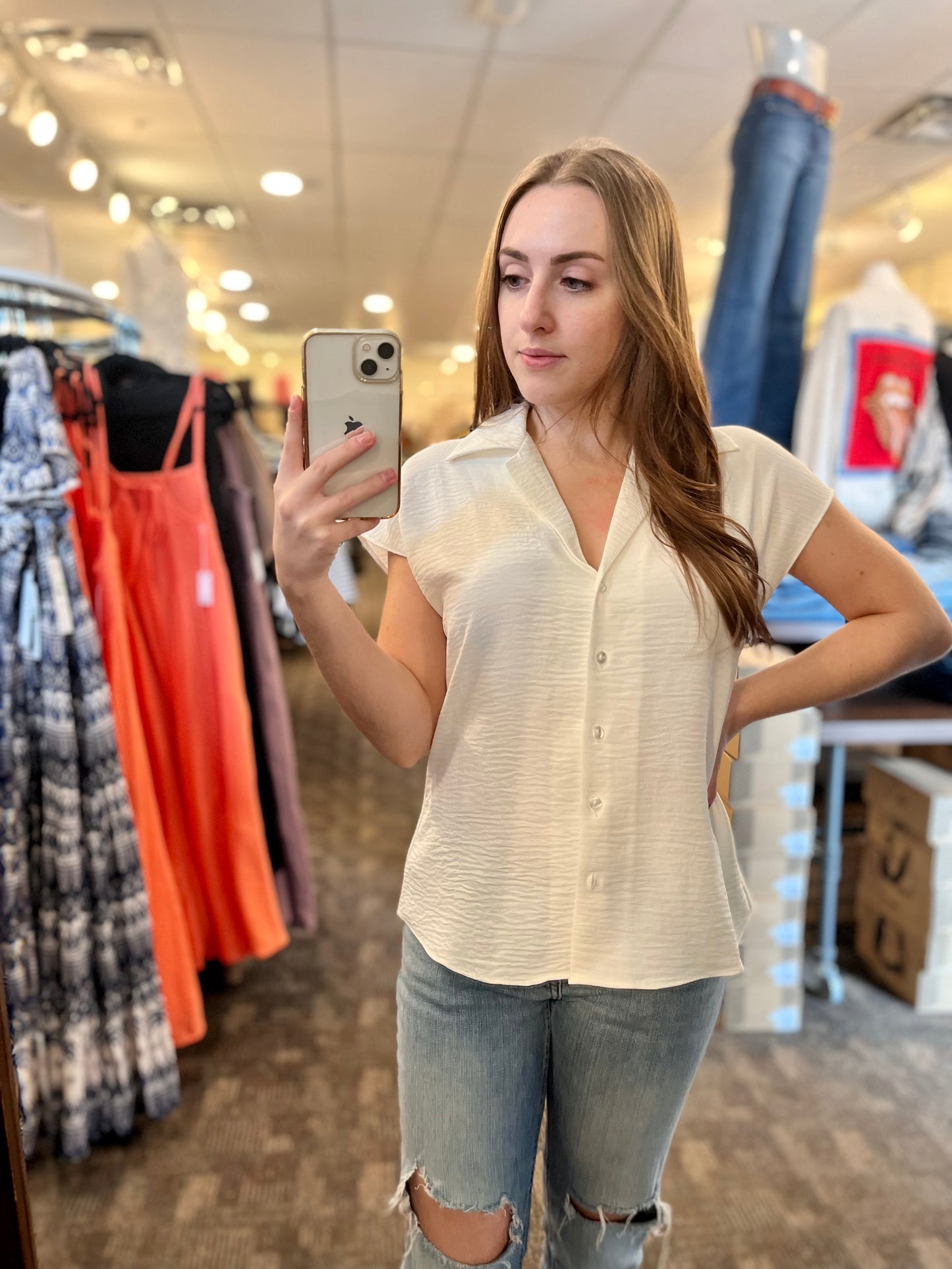 Renuar Flowy V-Neck Button Up Top White