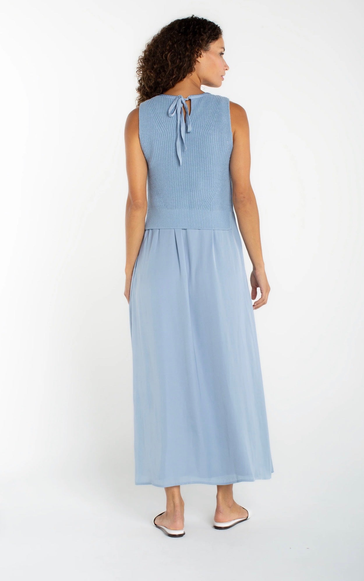 Liverpool Sleeveless Tie Back Sweater Woven Dress Malibu Blue