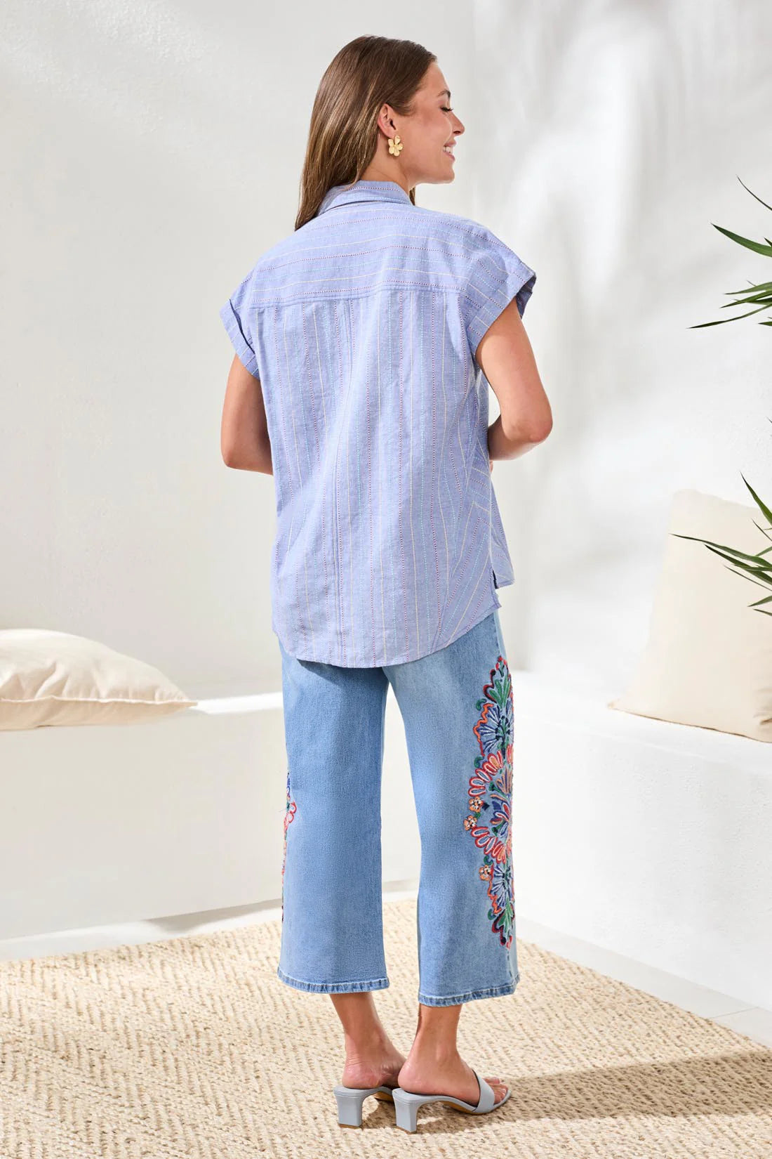 Tribal Cap Sleeve U-Hem Button Up Shirt