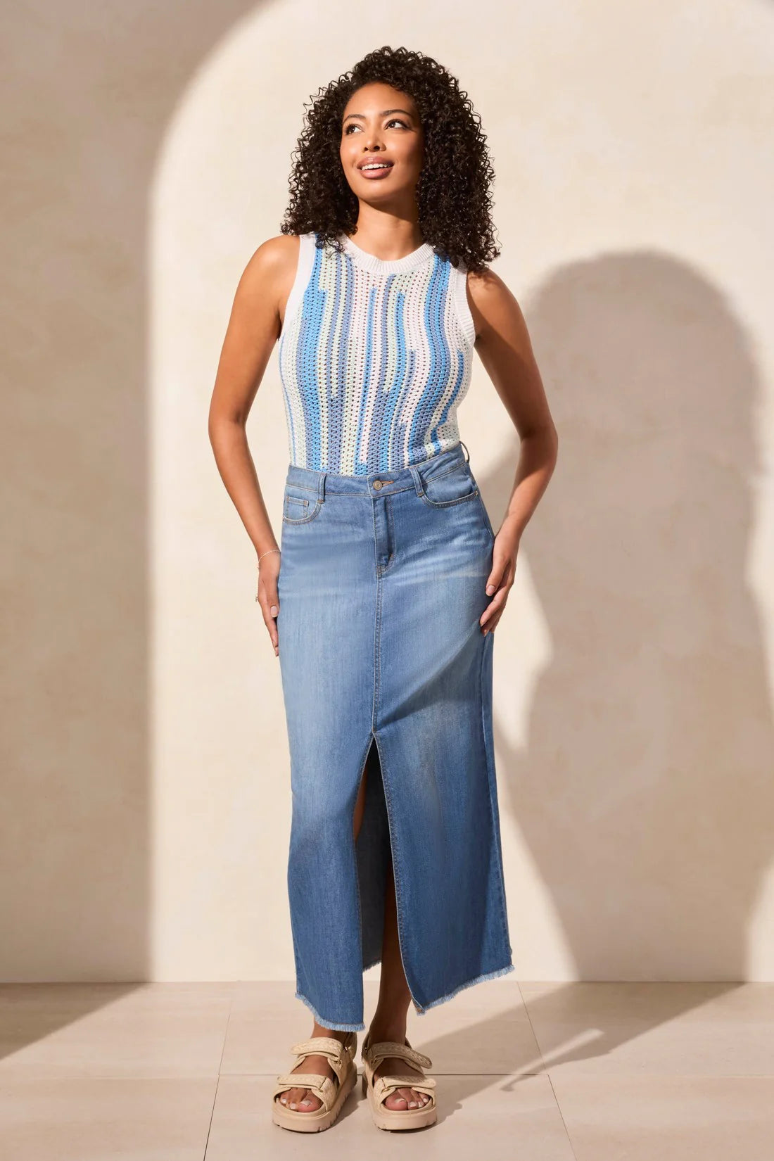 Tribal Front Slit Denim Maxi Skirt