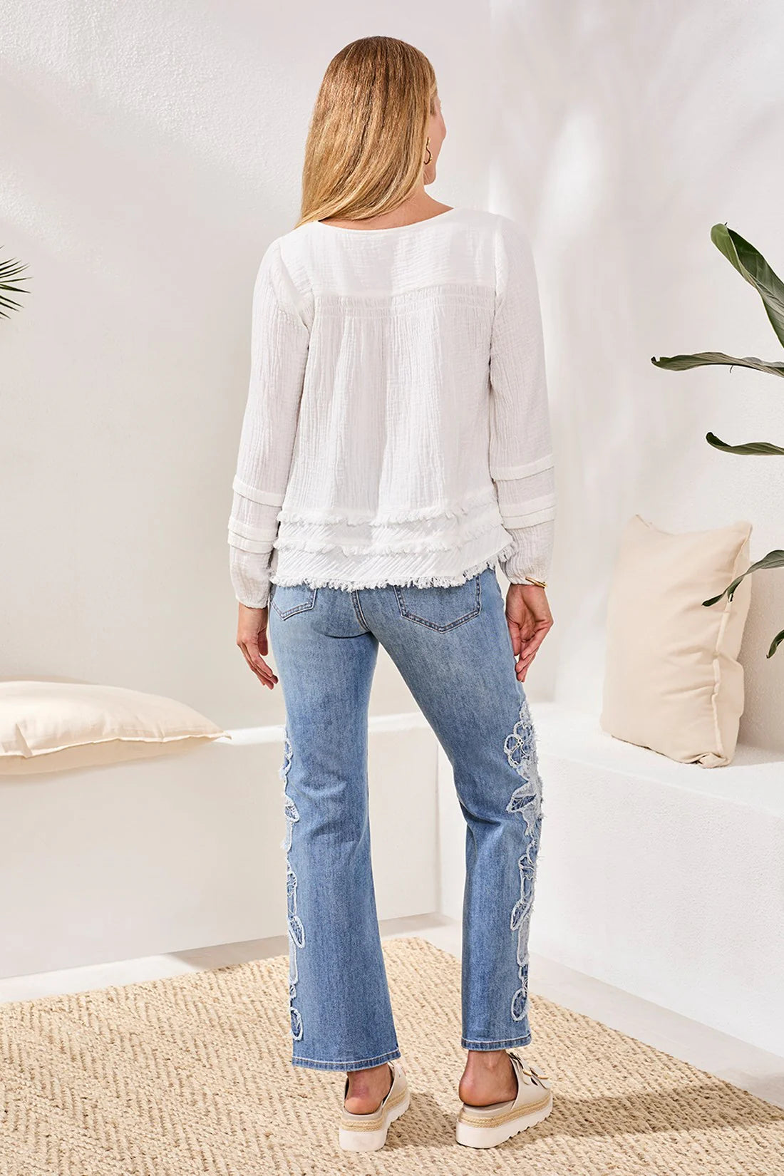 Tribal Cotton Balloon Sleeve Blouse White