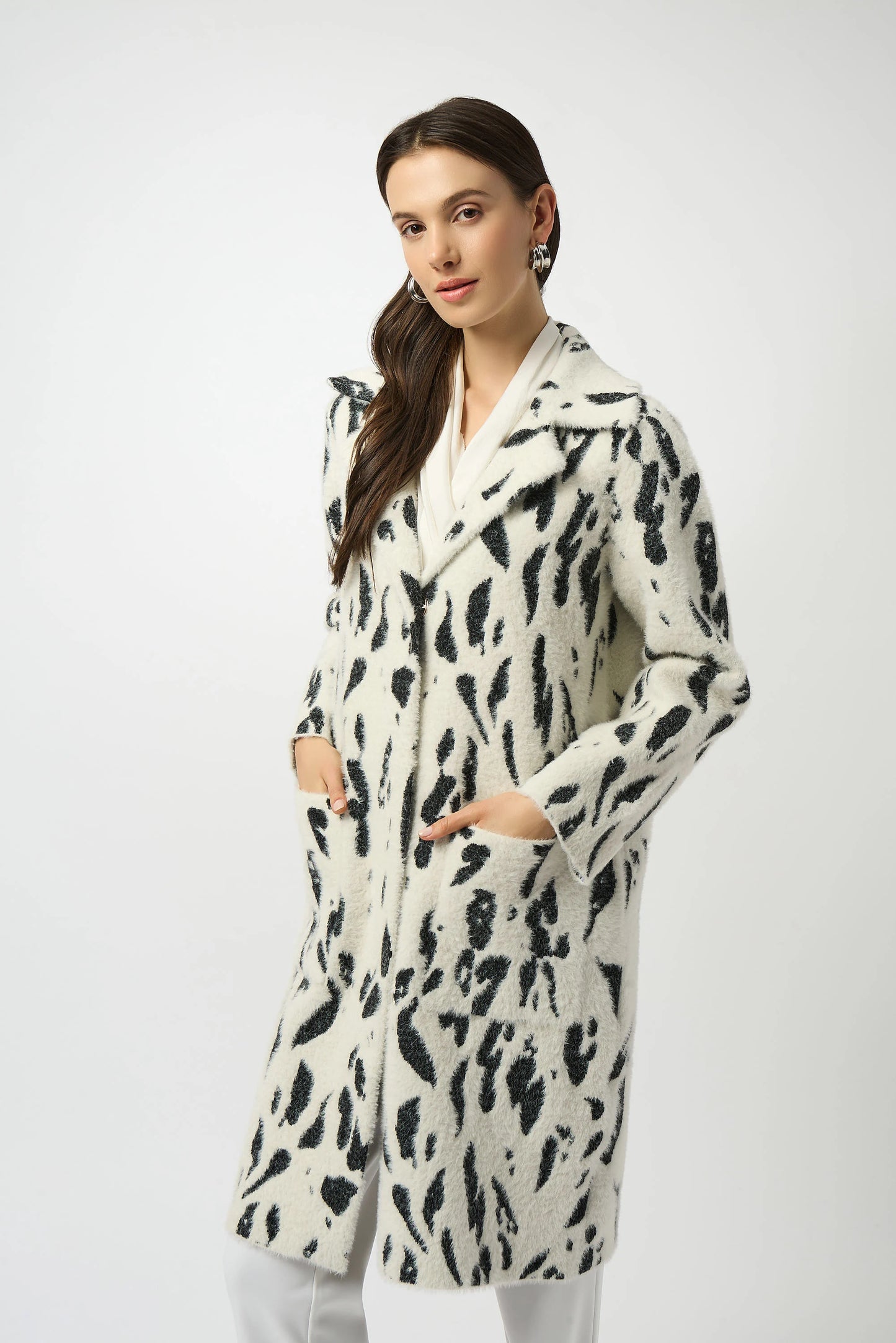 Joseph Ribkoff Feather Yarn Animal Jacquard Coat with Faux Fur Trim 253904