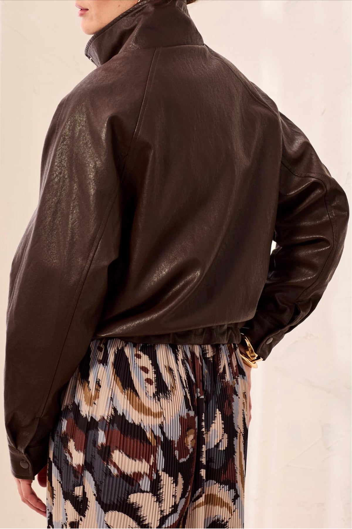 Tribal Mock Neck Faux Leather Jacket Saddle Brown