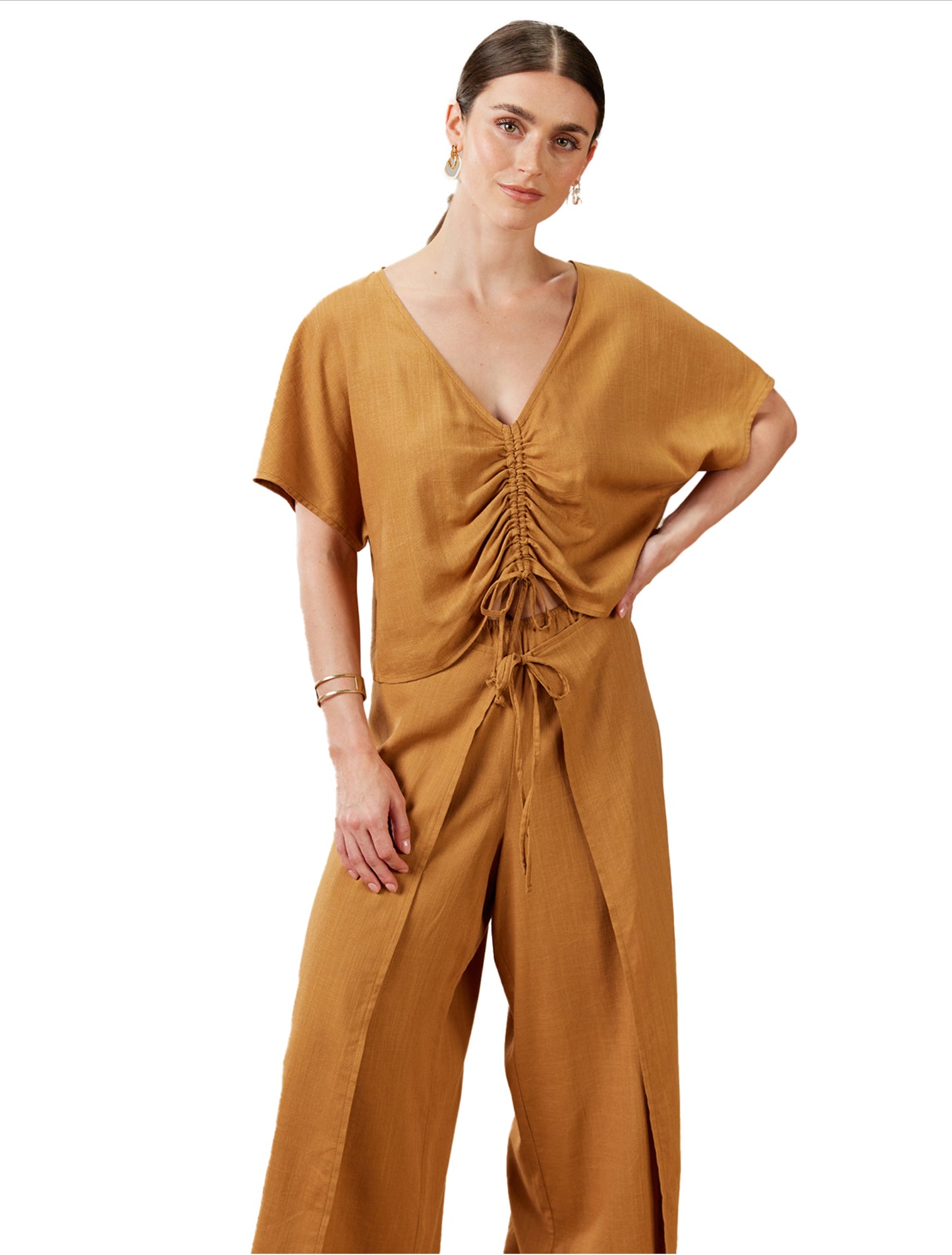 Tribal Drawstring Riched Linen Top Sandcastle