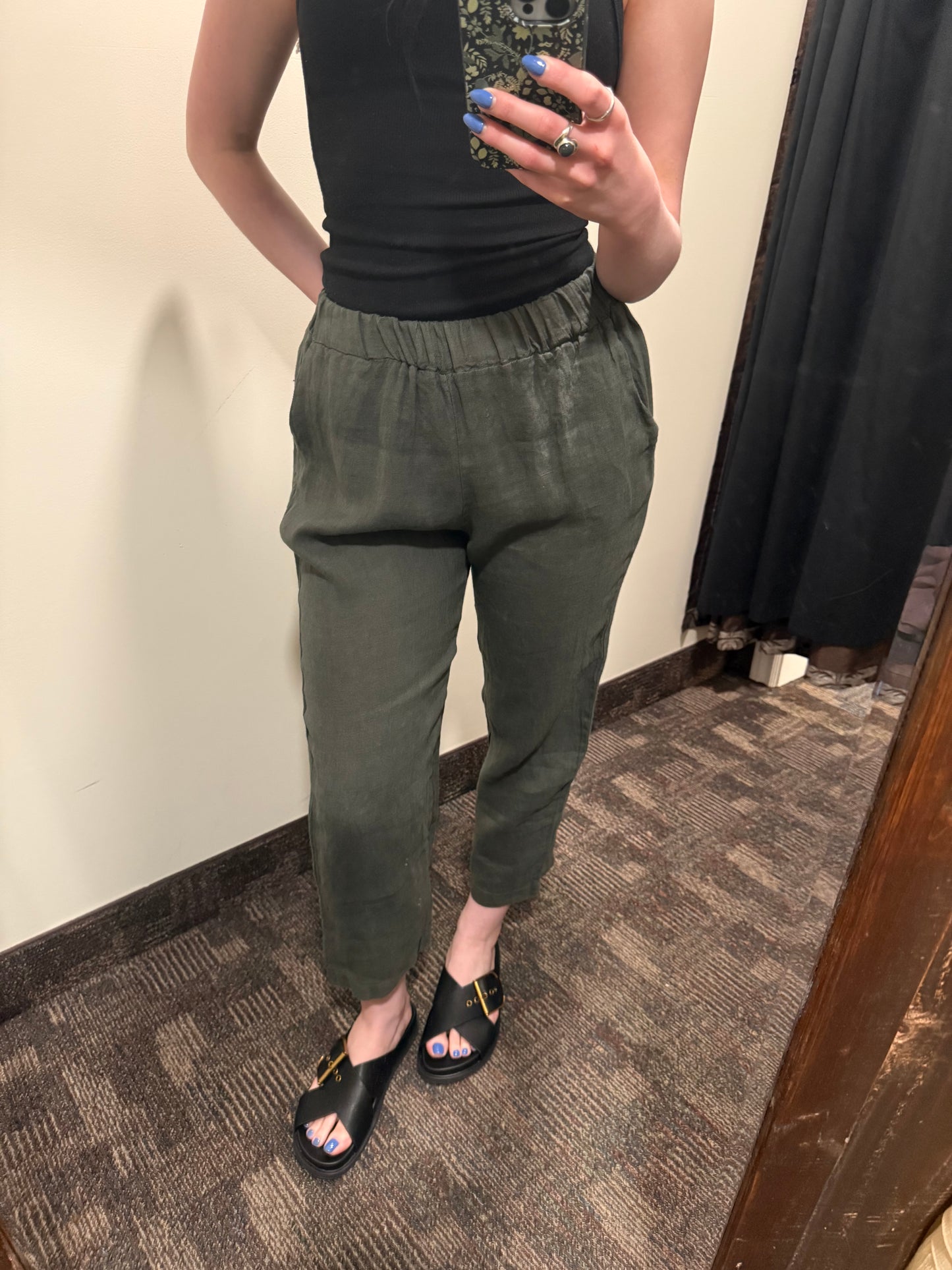 Pistache Linen Barrel Pants Military Green