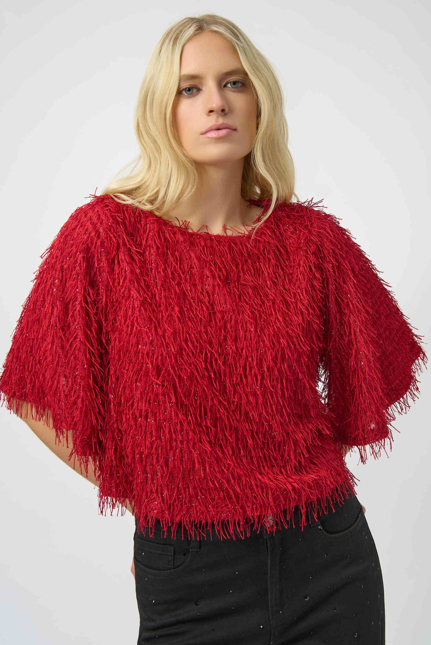 Joseph Ribkoff Novelty Fringe Boxy Top Red 254105