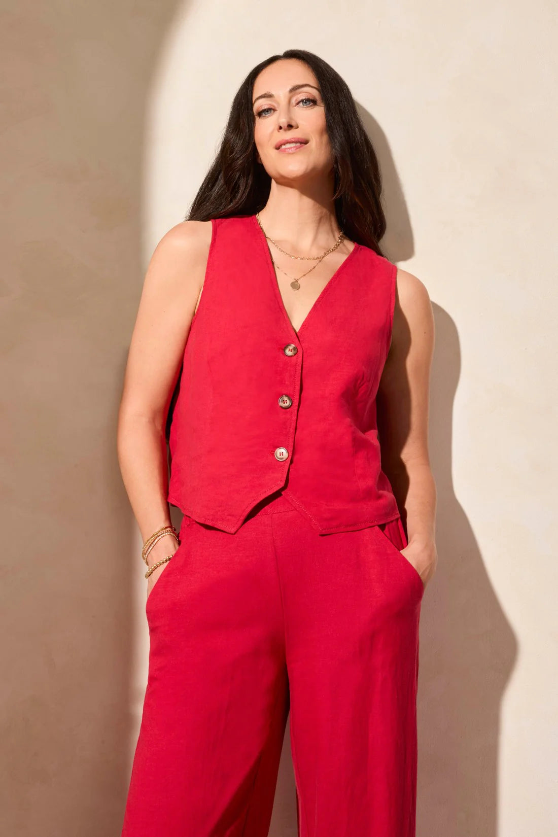 Tribal Linen Button Up Vest Cherry