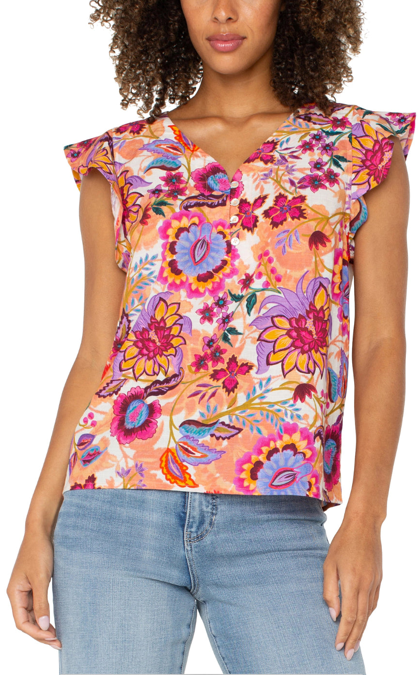 Liverpool Flutter Sleeve Button Front Woven Top
