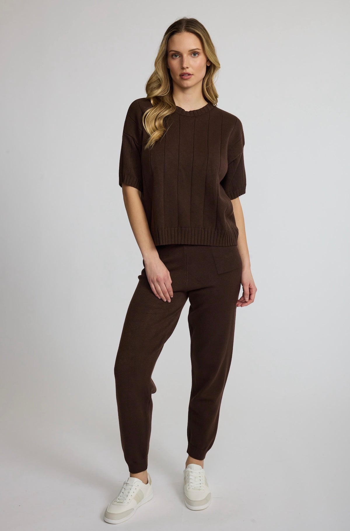 Pistache Stripe Rib Short Sleeve Sweater Espresso