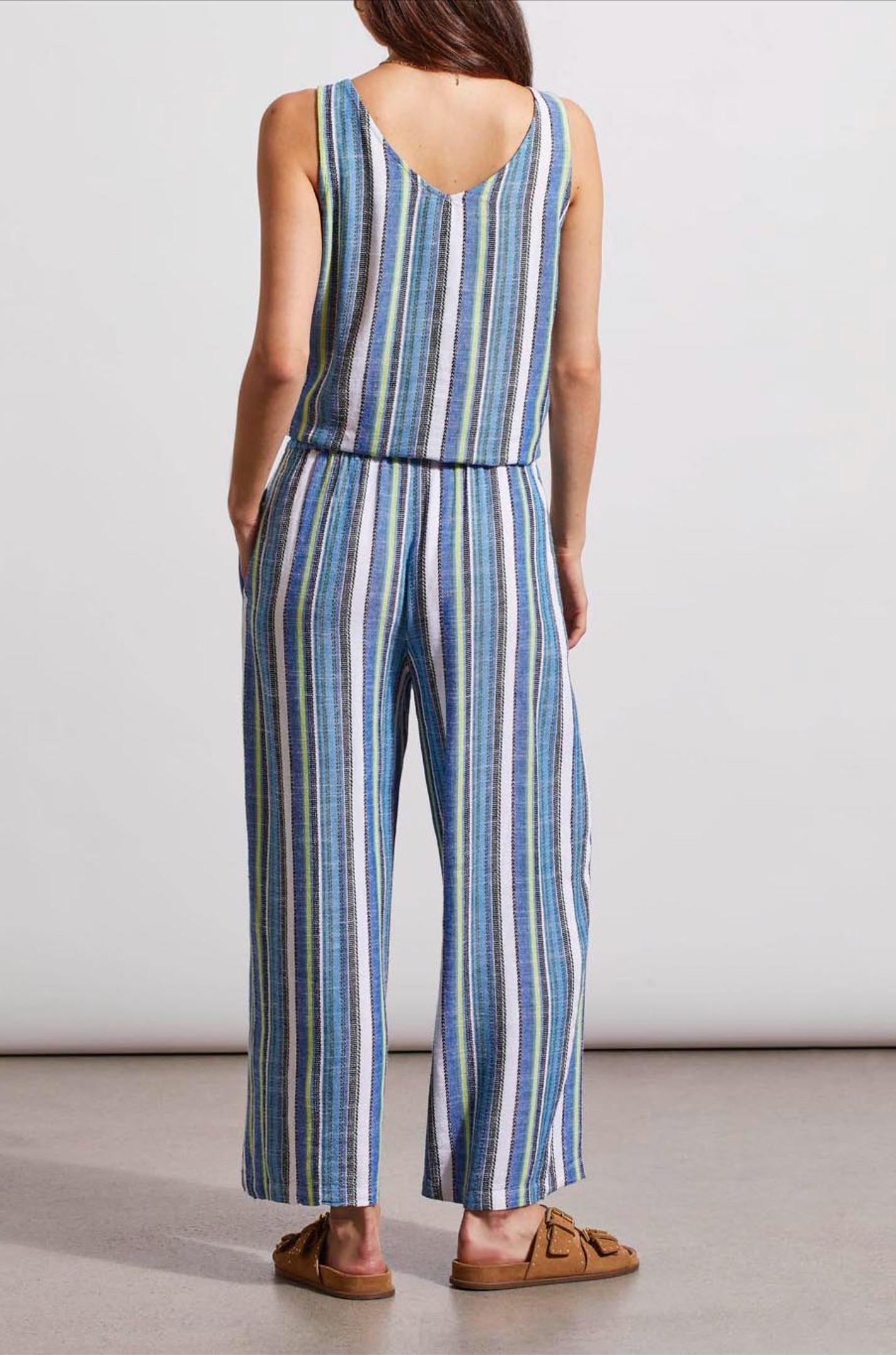 Tribal Linen Blend Flowy Striped Pants Blue Sea