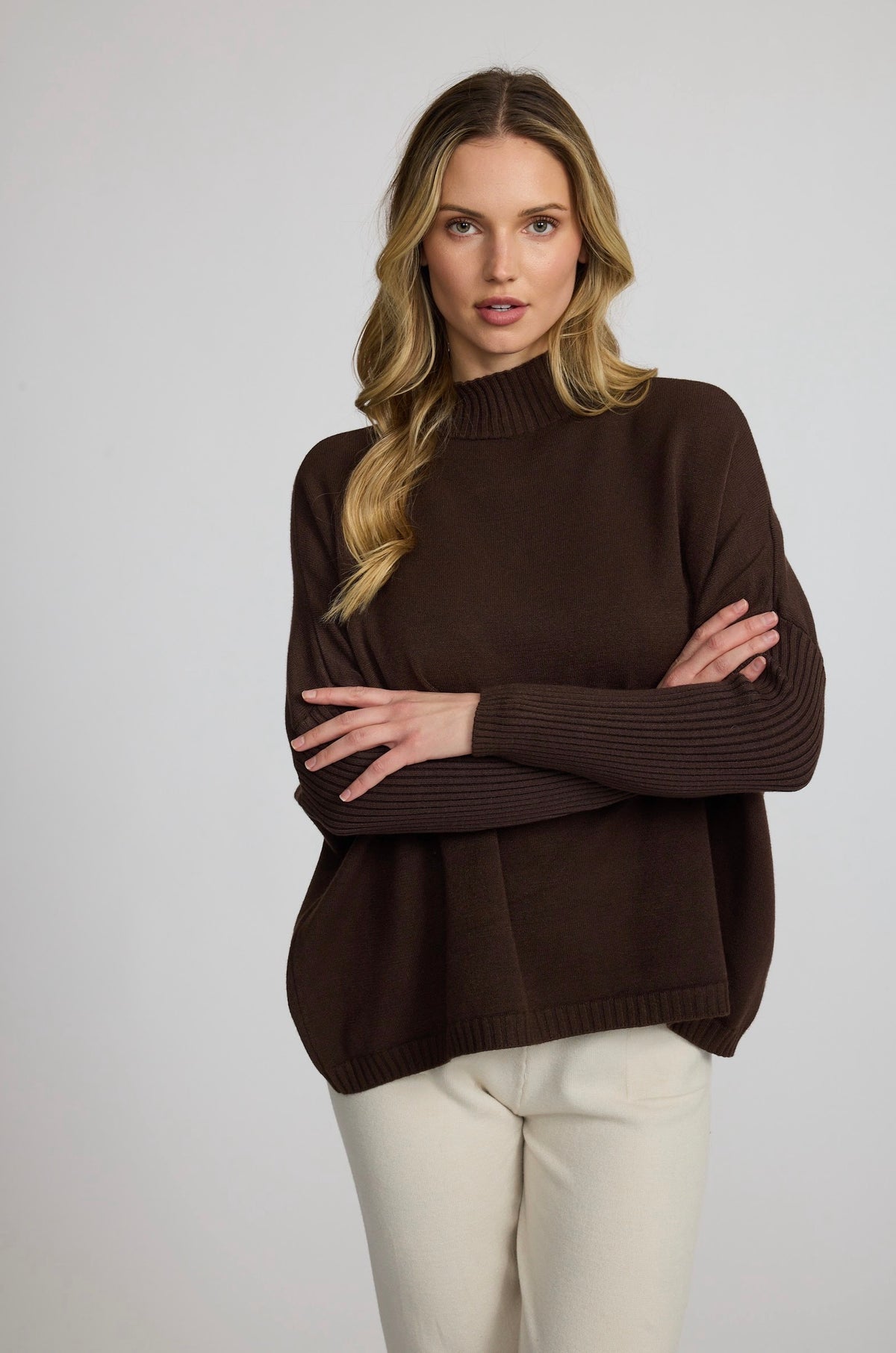 Pistache Ribbed Sleeve Turtleneck Sweater Espresso