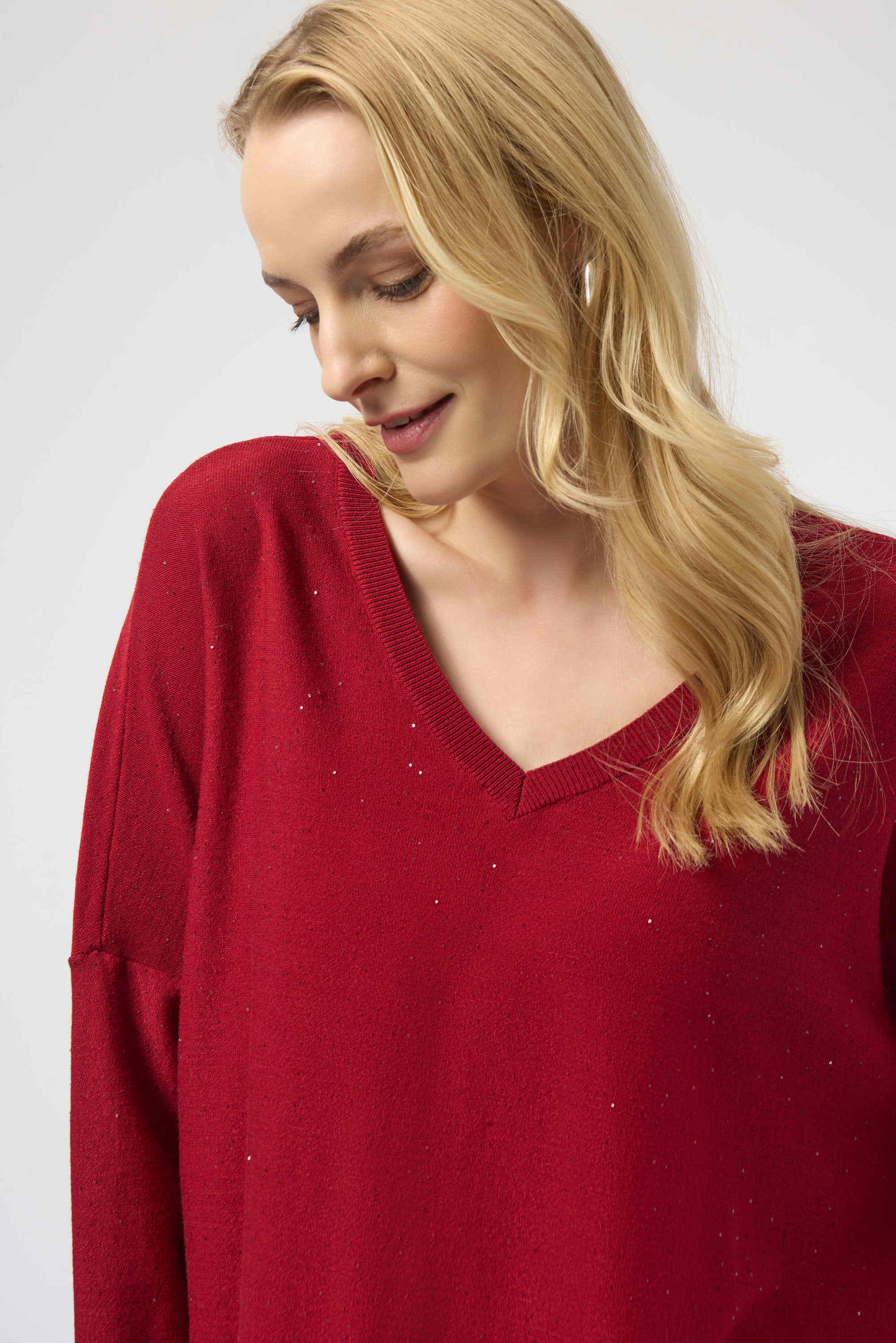 Joseph Ribkoff Sequined Sweater Knit Boxy Top Deep Cherry 244921F25